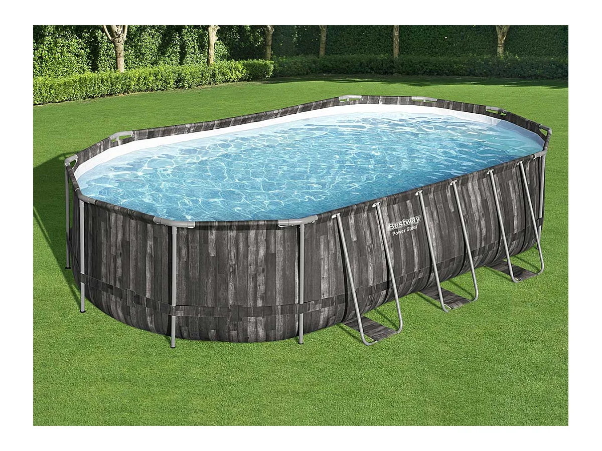 Piscine tubulaire Power Steel décor bois ovale 6,10 x 3,66 x 1,22 m - Bestway