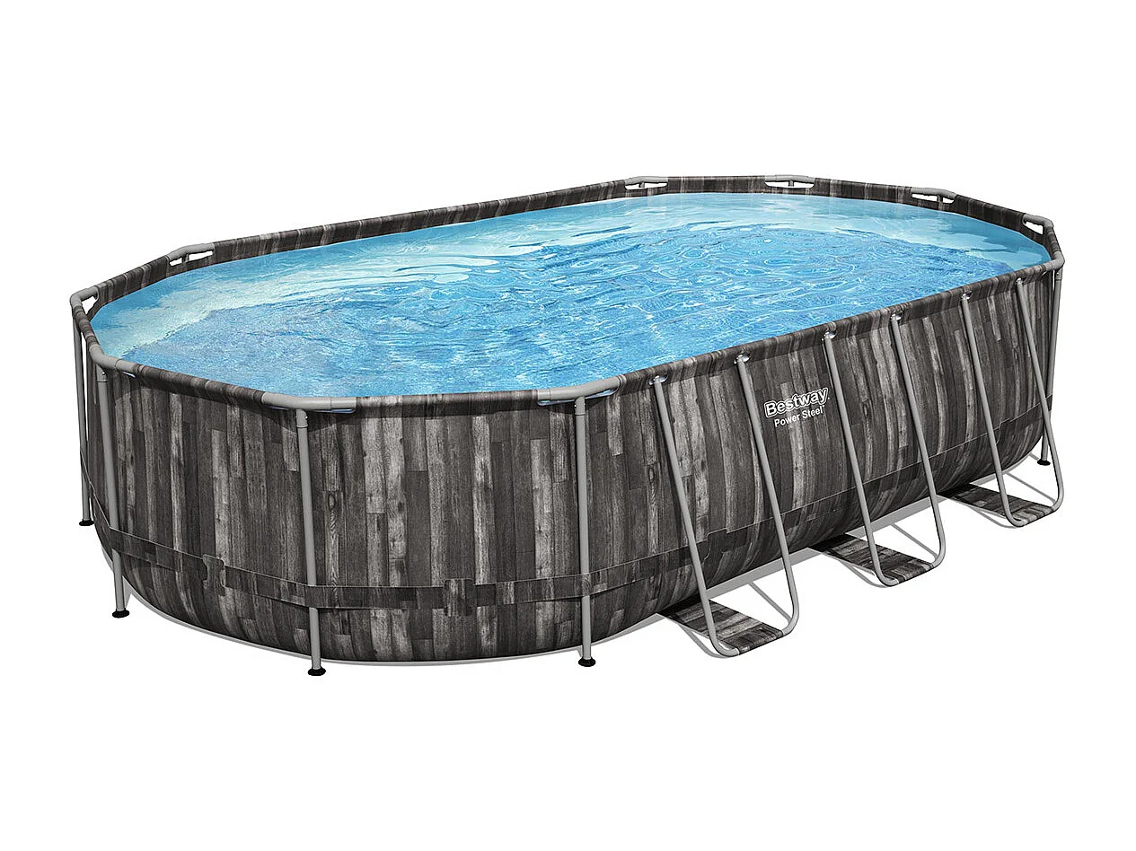 Piscina Fuori Terra Bestway Power Steel Ovale Effetto Legno 610x366x122 cm con Filtro a Cartuccia 5.678 L/H Copertura e Scaletta