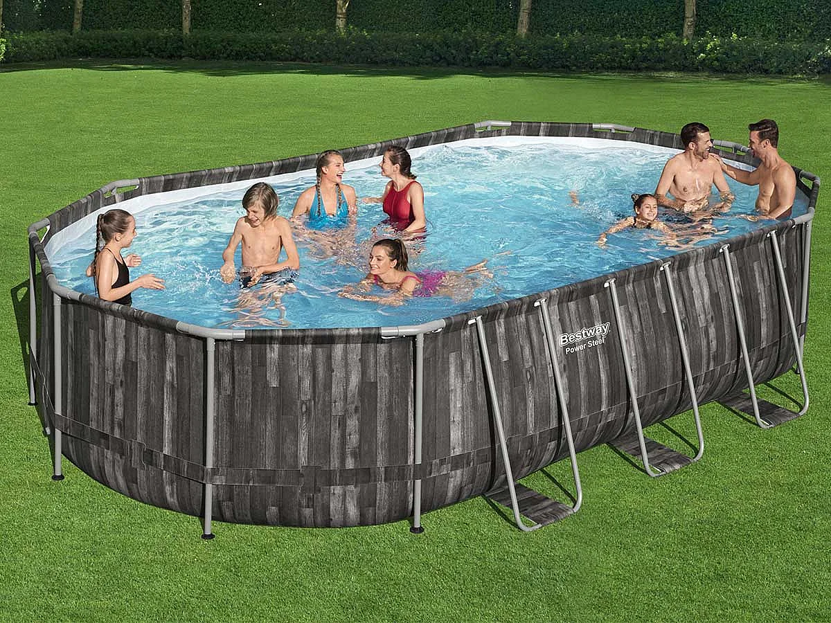 Piscina Fuori Terra Bestway Power Steel Ovale Effetto Legno 610x366x122 cm con Filtro a Cartuccia 5.678 L/H Copertura e Scaletta