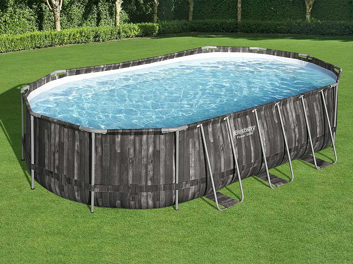 Piscina Fuori Terra Bestway Power Steel Ovale Effetto Legno 610x366x122 cm con Filtro a Cartuccia 5.678 L/H Copertura e Scaletta