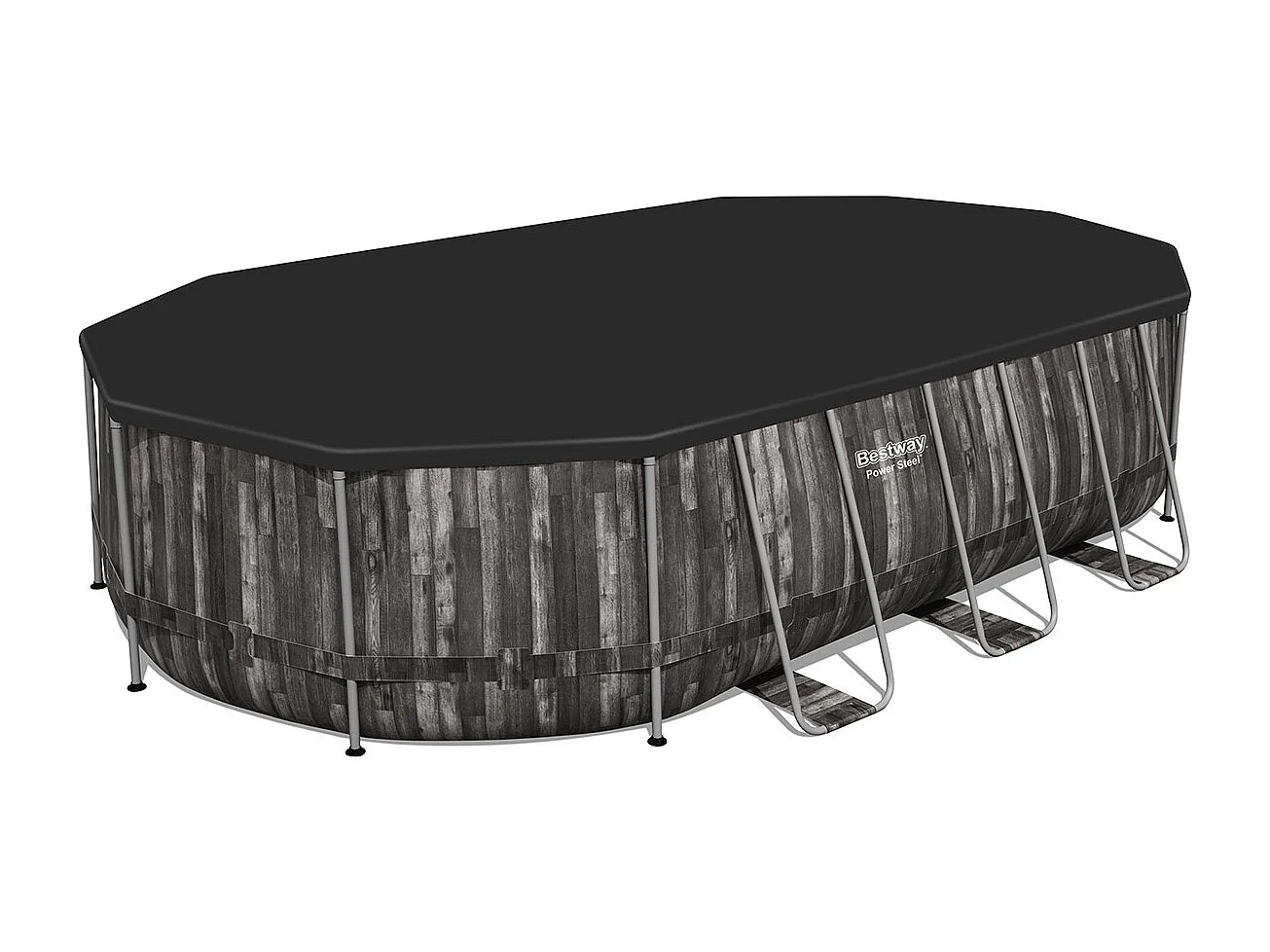 Piscina Fuori Terra Bestway Power Steel Ovale Effetto Legno 610x366x122 cm con Filtro a Cartuccia 5.678 L/H Copertura e Scaletta