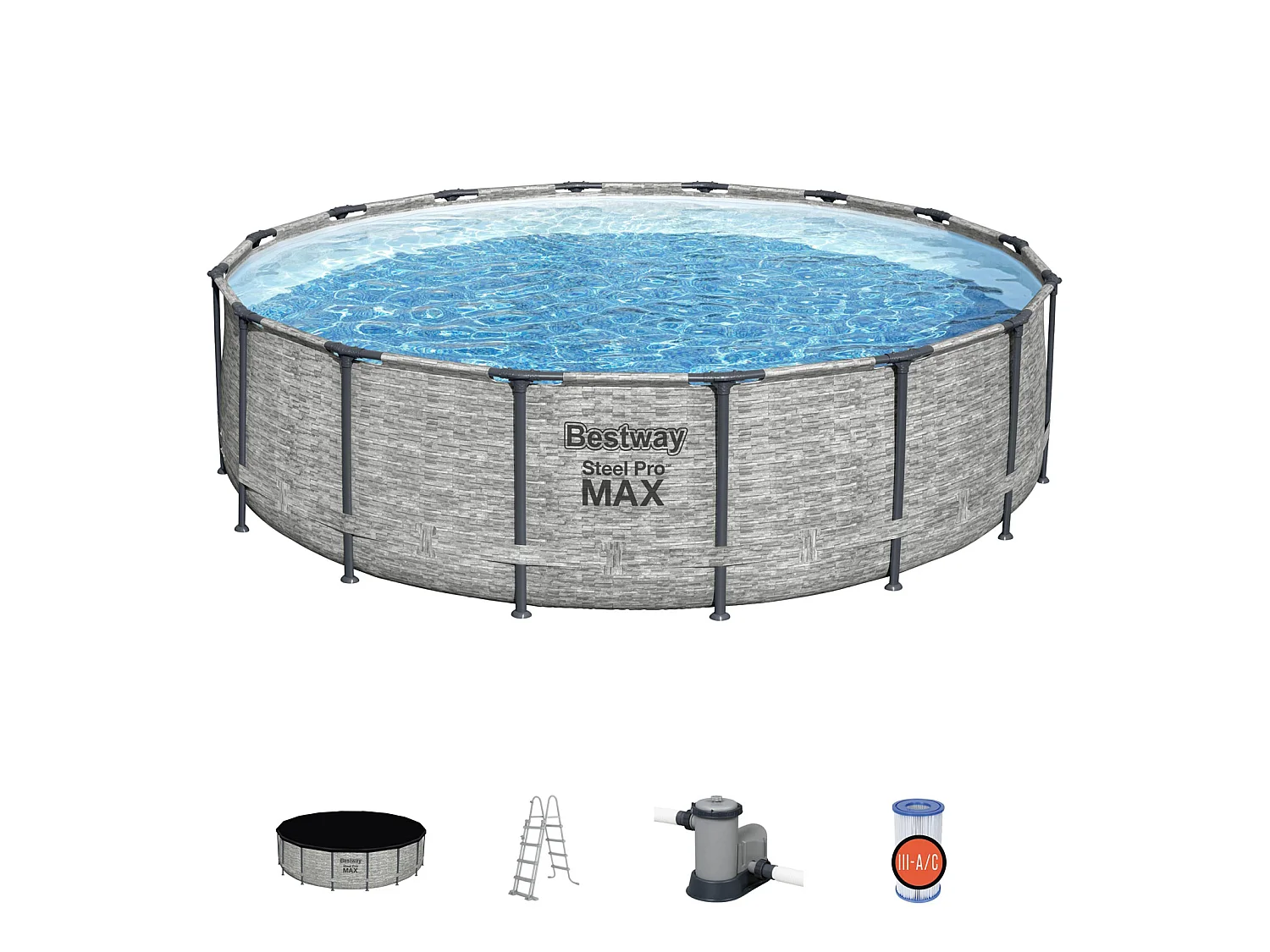 Piscina Desmontable Tubular Bestway Steel Pro Max Diseño Piedra Ø488x122 cm Depuradora Cartucho 5.678 L/H Cobertor y Escalera