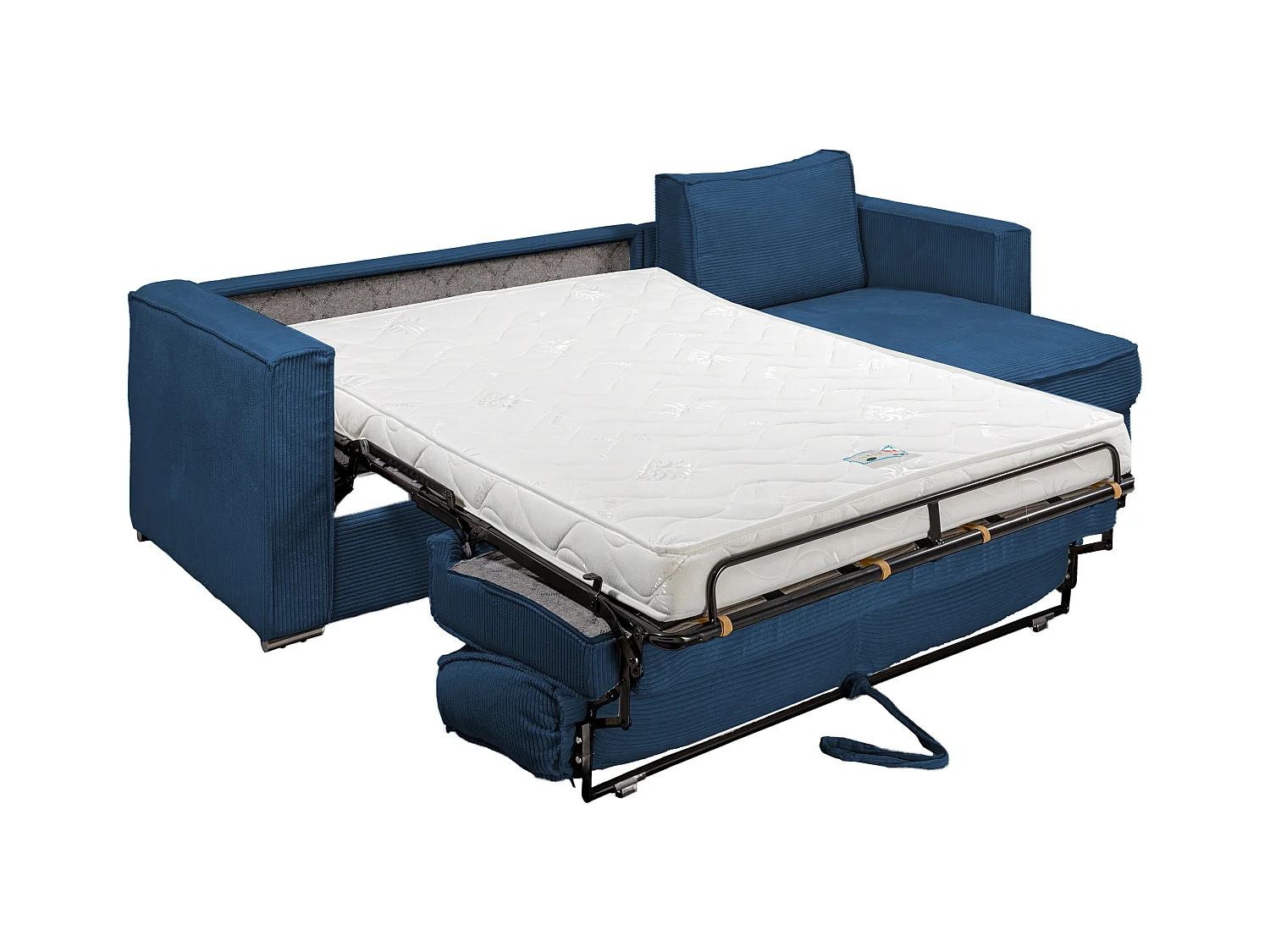 Hjørnesofa, som kan omdannes til ekspres, reversibel, i midnatsblå fløjlsfløjl - Soveplads 160 cm - 14 cm madras LORETO