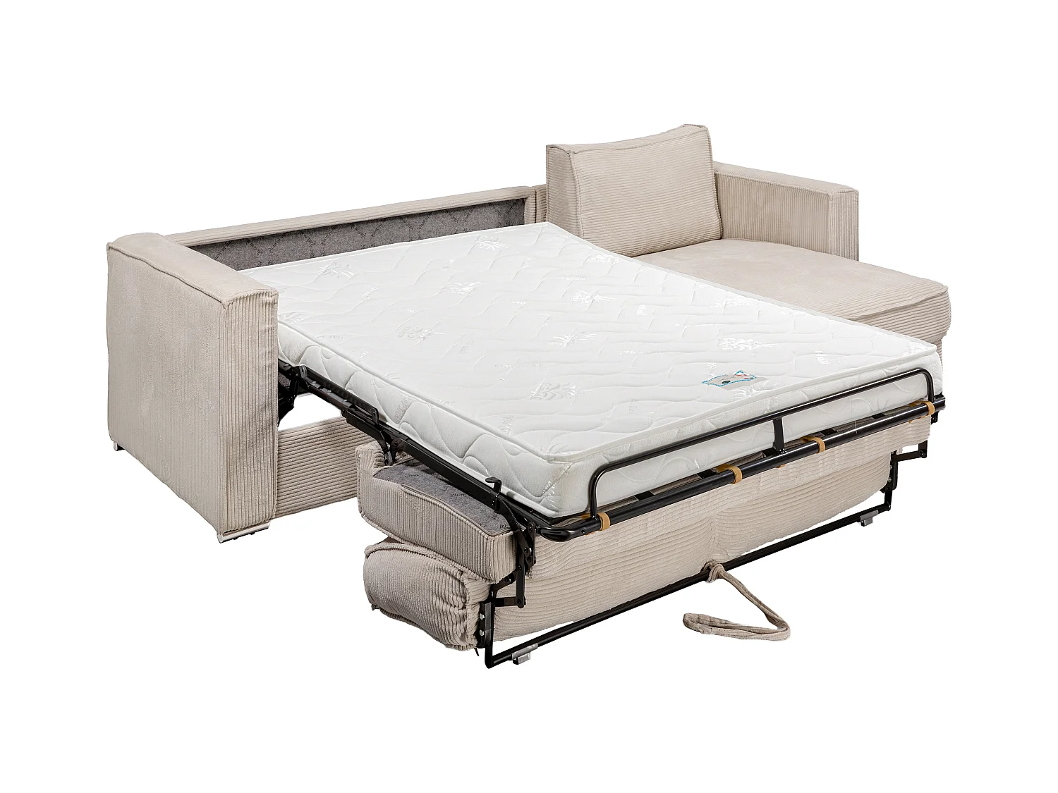 Canapé d'angle convertible express et réversible en velours côtelé beige - Couchage à lattes larges 160 cm - Matelas 14 cm LORETO