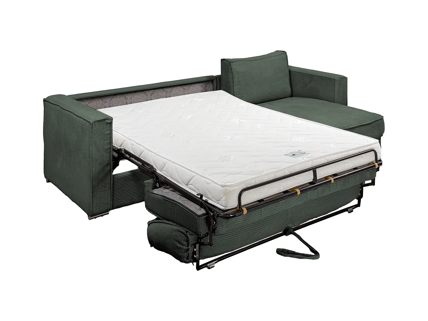 Sofá de canto convertível abertura rápida e reversível veludo canelado verde, cama de ripas largas 160 cm e colchão 14 cm - LORETO