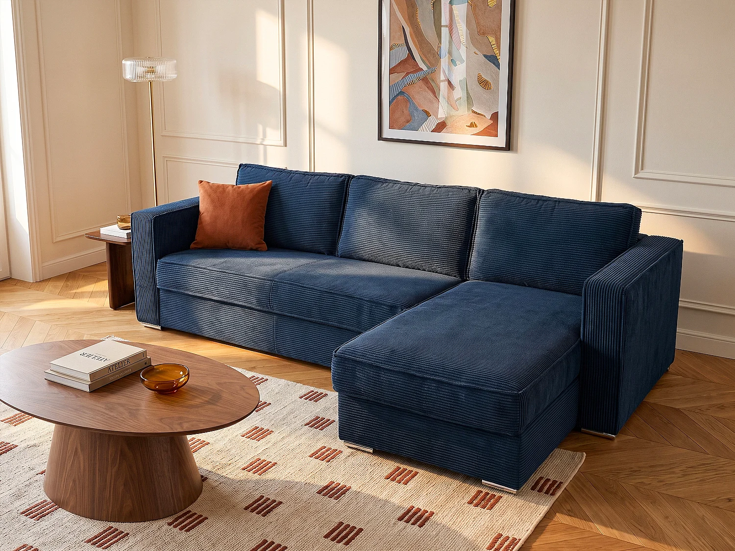Canapé d'angle convertible express et réversible en velours côtelé bleu nuit - Couchage 160 cm - Matelas 18 cm LORETO