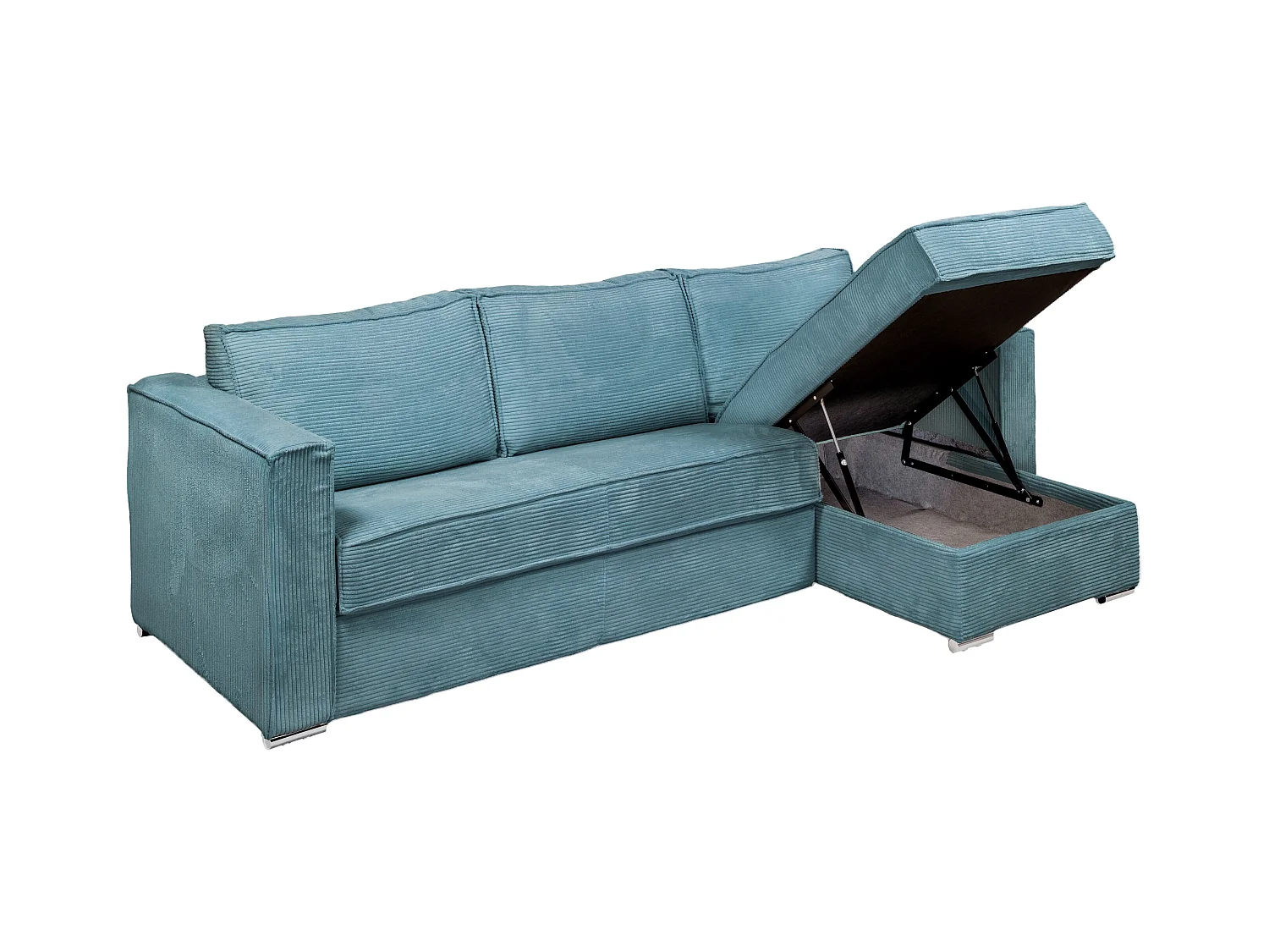 Hjørnesofa med udtræk og vendbar i tyrkisblå fløjl - 160 cm sovebredeligt liggeflade med brede lameller - 18 cm madras LORETO