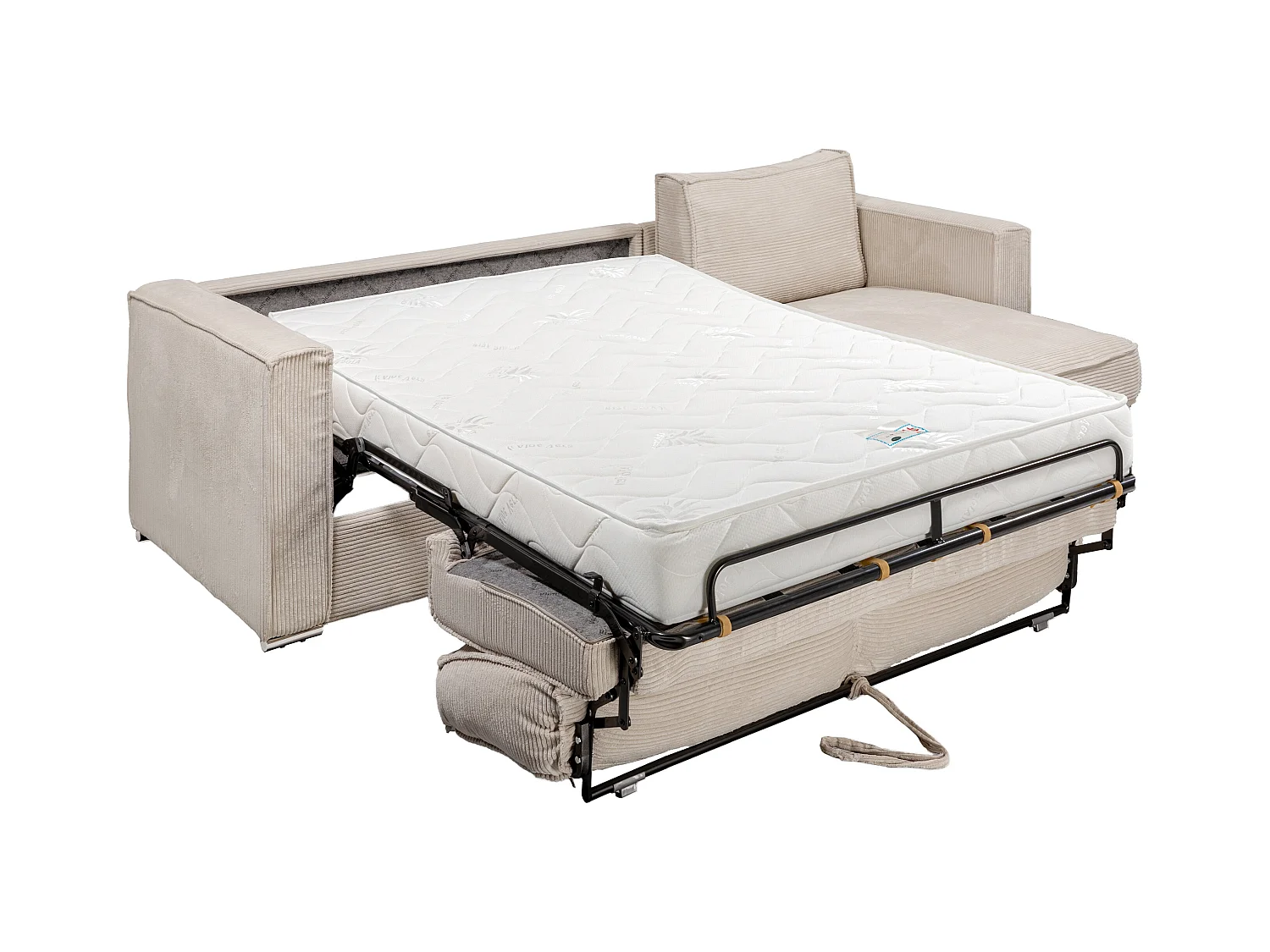 Reversibel hjørnesovesofa i beige fløjl med ekspres-funktion - Soveflade 160 cm - 18 cm madras LORETO