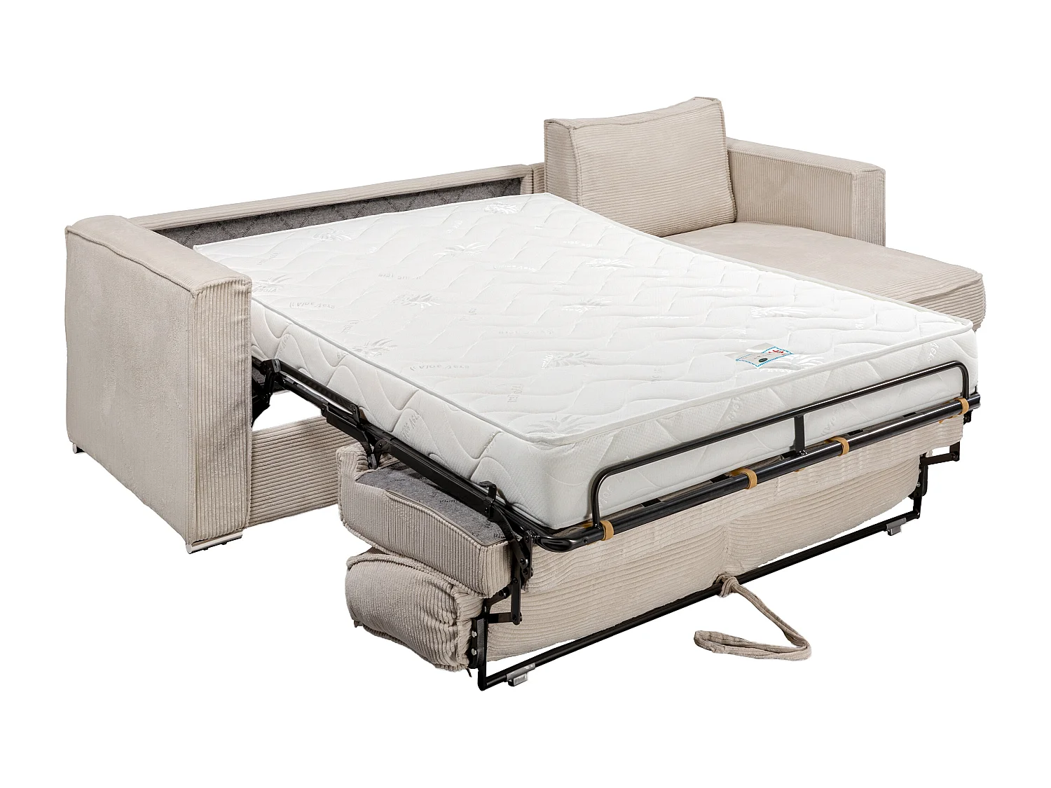 Canapé d'angle convertible express et réversible en velours côtelé beige - Couchage à lattes larges 160 cm - Matelas 18 cm LORETO