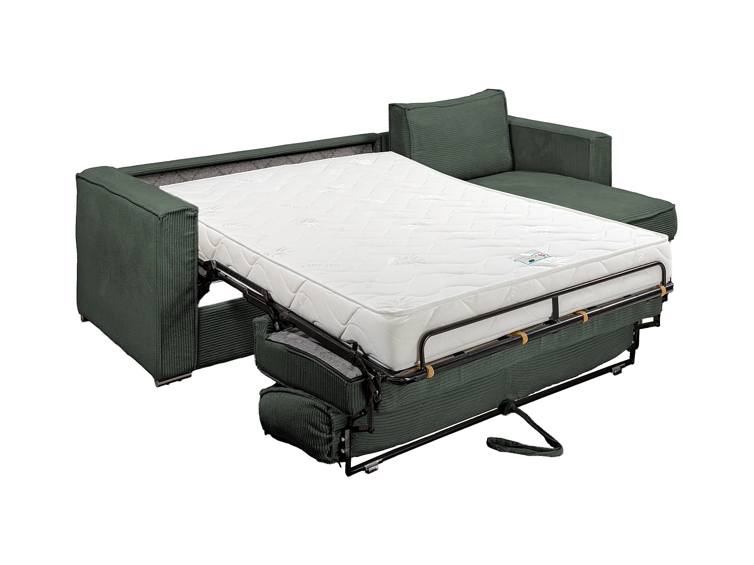 Eckschlafsofa mit Matratze - Ecke wechselbar - Cord - Grün - Liegefläche mit Lattenrost mit breiten Latten 160 cm - Matratze 18 cm - LORETO