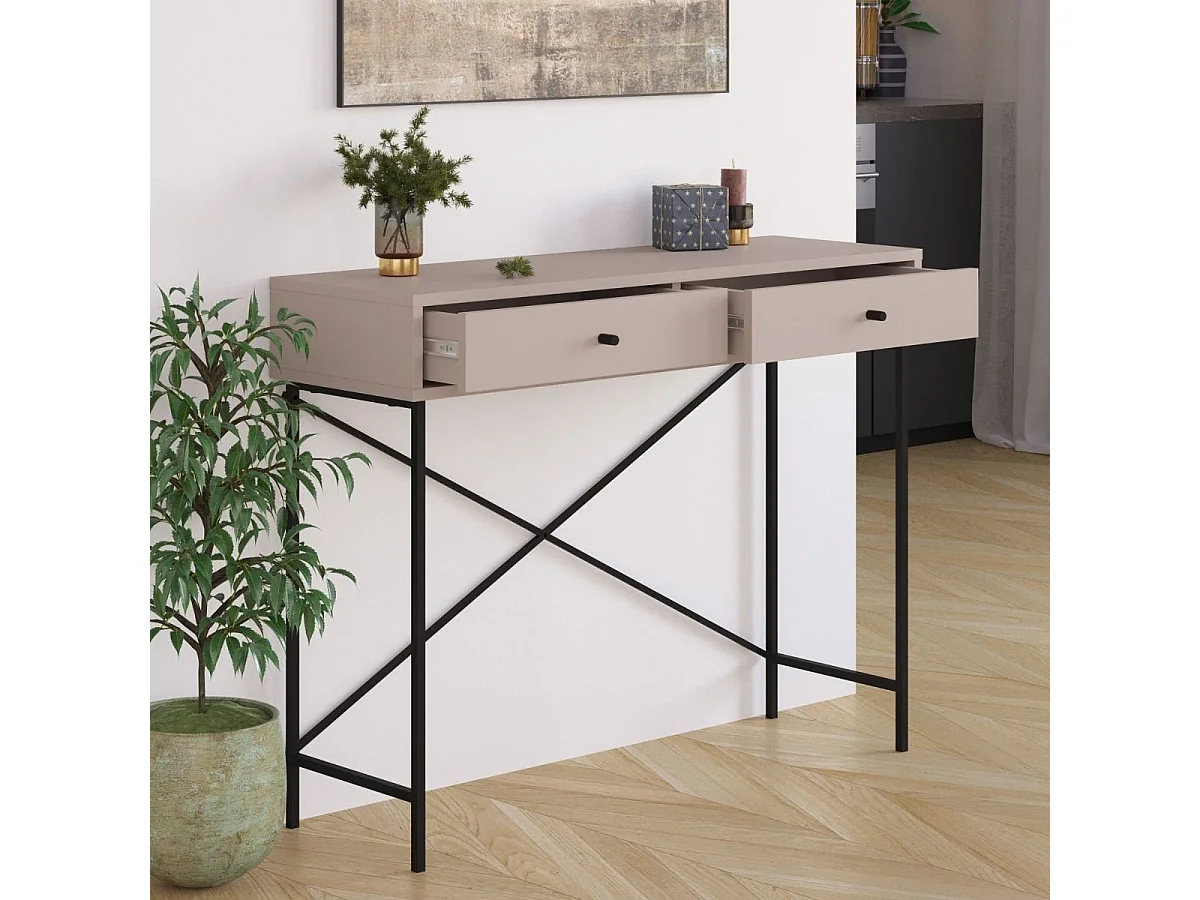 Konsole 2 Schubladen Farbe Mokka und Metallbeine L110 cm - Titan