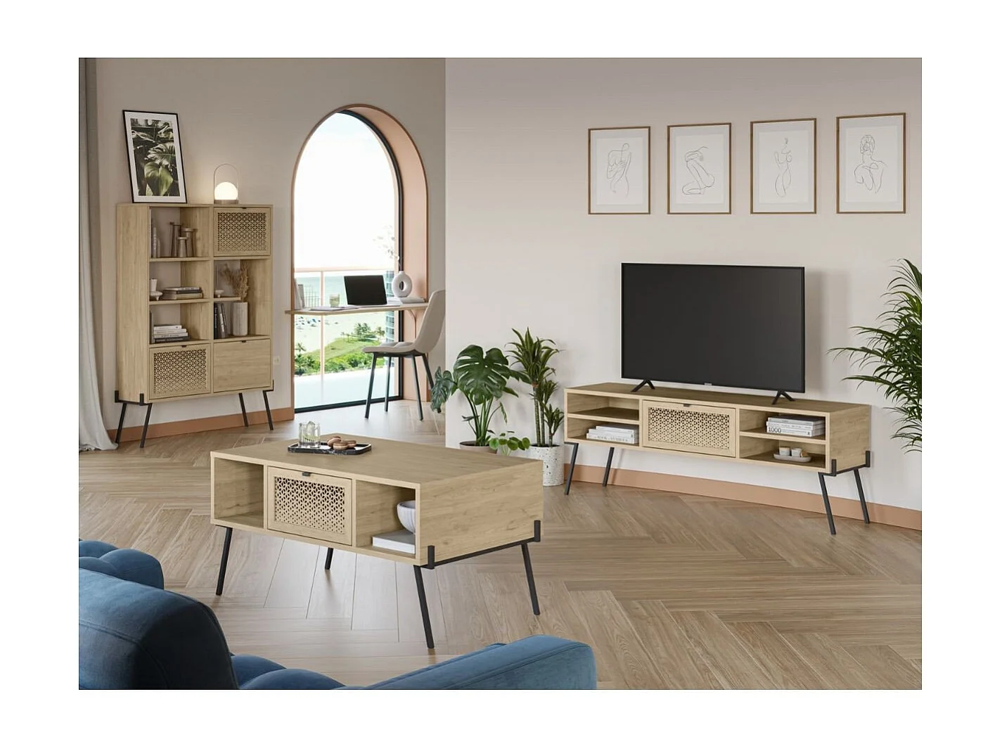 Stolik kawowy 1 drzwi 3 wnęki i metalowe nogi L100 cm - Evan