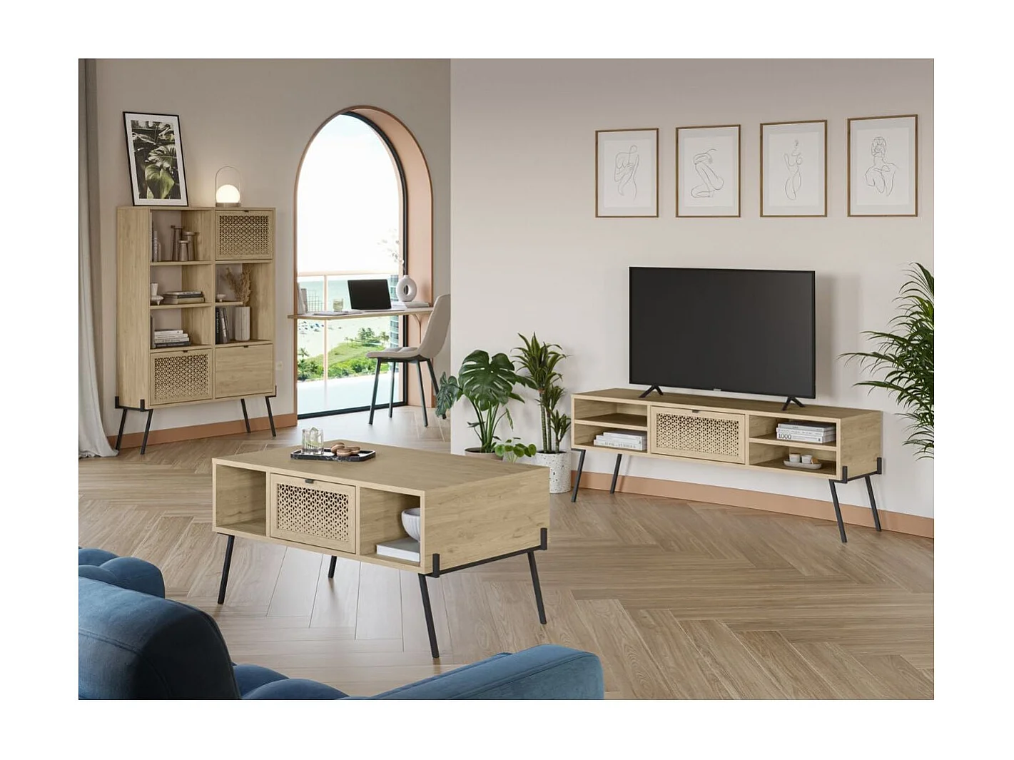 Stolik kawowy 1 drzwi 3 wnęki i metalowe nogi L100 cm - Evan