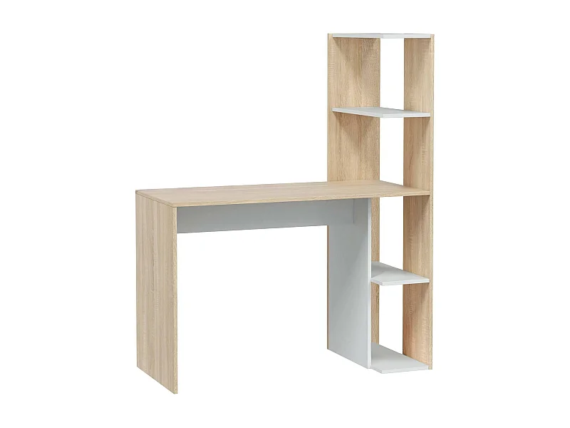 Dlup bureau, lineair bureau met boekenkast, ruimtebesparende multifunctionele kantoortafel, 110x52h136 cm, wit en eiken