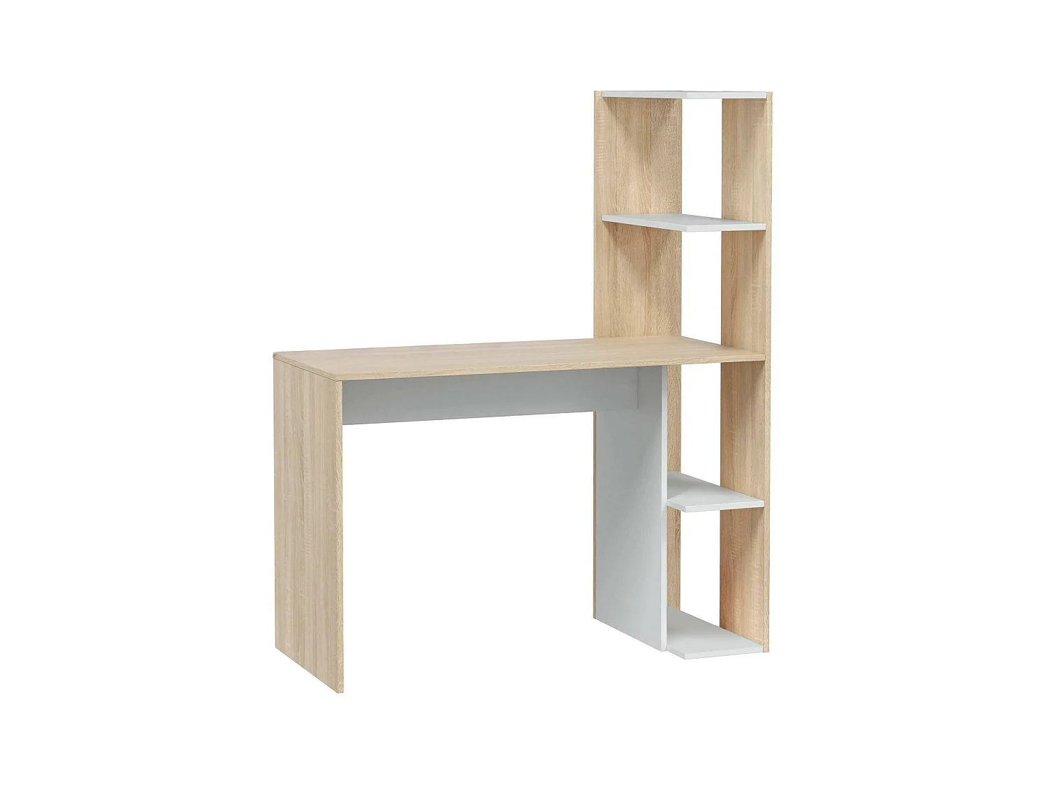 Dlup Desk, Bureau linéaire avec bibliothèque, Table de bureau polyvalente peu encombrante, 110x52h136 cm, Blanc et Chêne