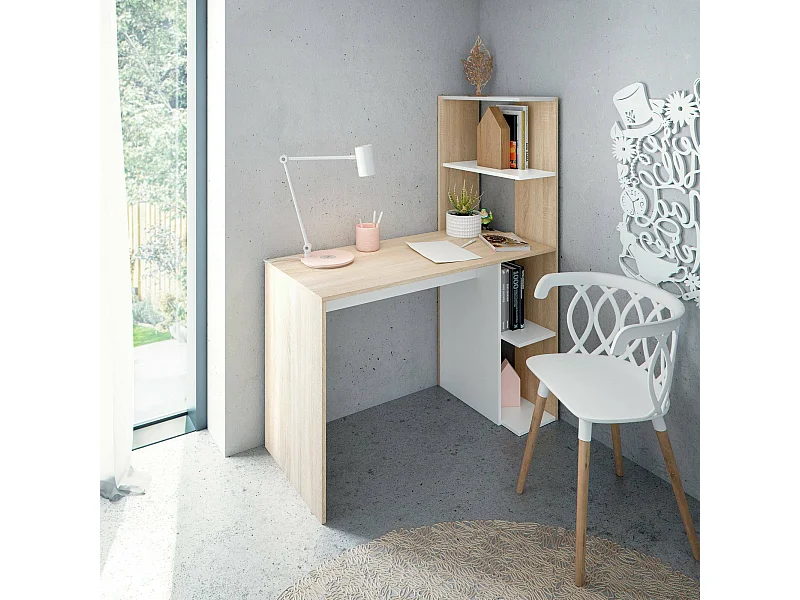 Schreibtisch Dlup, linearer Schreibtisch mit Bücherregal, platzsparender Mehrzweck-Bürotisch, 110 x 52 x 136 cm, WeiÃŸ und Eiche