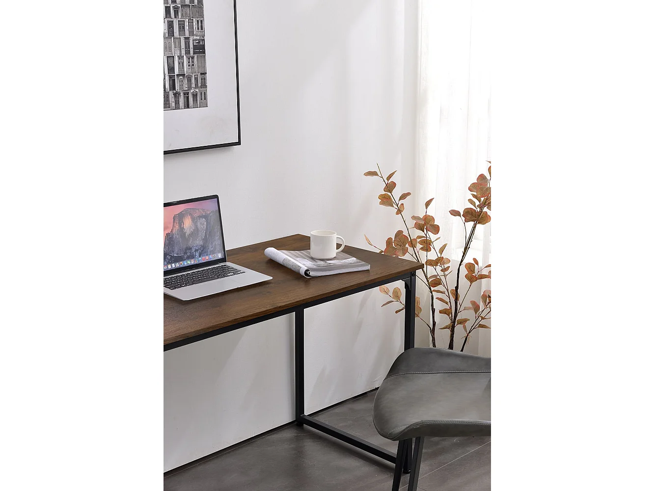 Dmora Bureau Pego 128,1x58,1x75,3h cm Zwart Metaalstructuur, Tafelblad in Houtfineer Bruin