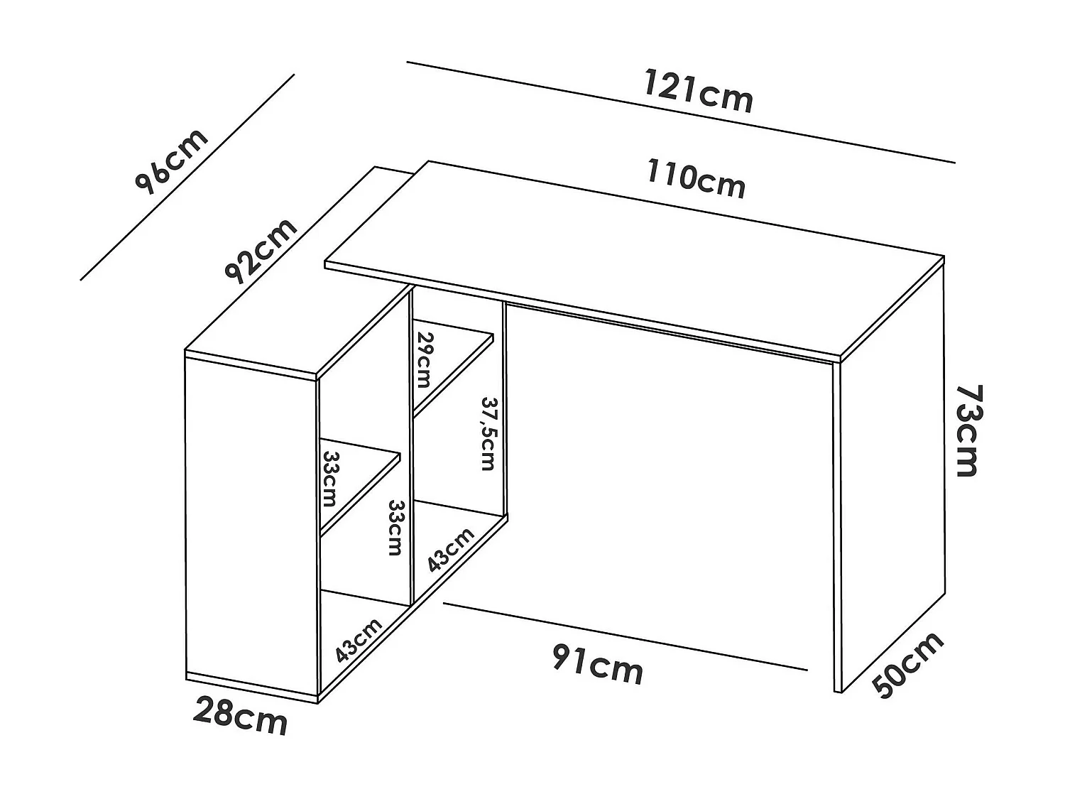 Secretária Dkea, Secretária multiposições para escritório ou quarto, Mesa de estudo de canto com prateleiras, 121x96h74 cm, Carvalho