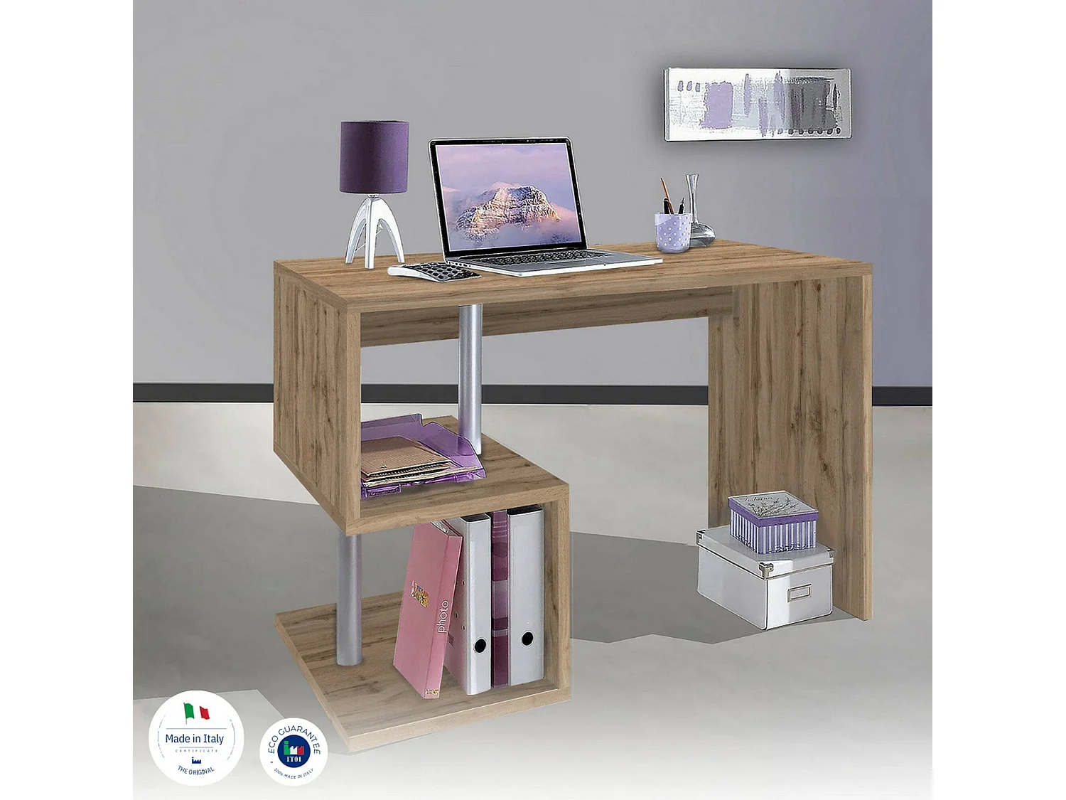 Bureau Massimo, Bureau PC Linéaire, Table de bureau polyvalente, Bureau gain de place multi-positions, 100% Made in Italy, 100x50h78 cm, Chêne