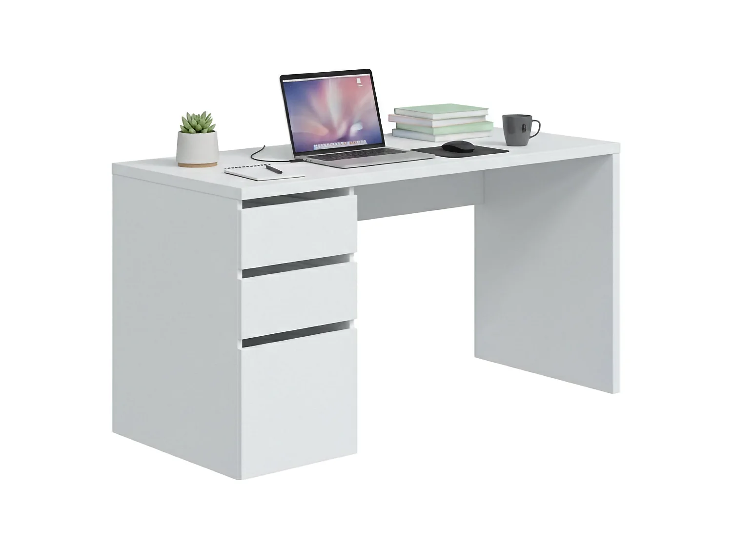 Mesa Reedsport, mesa reversível com 3 gavetas, mesa de escritório multiposições que economiza espaço, 138x60h74 cm, branca