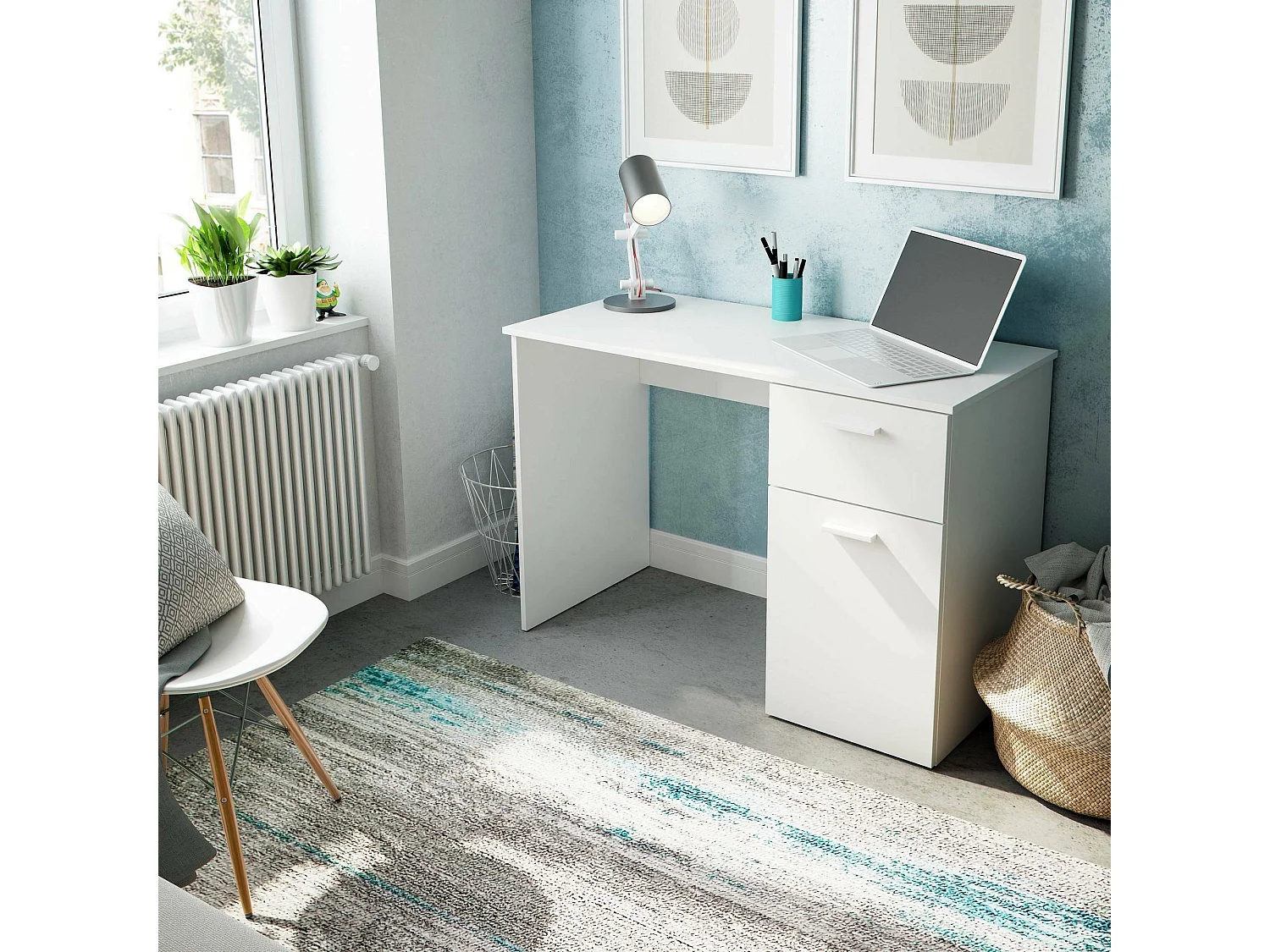 Mckinney bureau, Multifunctioneel bureau met 1 lade en 1 deur, Studeer- of kantoortafel voor pc, 108x50h73 cm, Wit