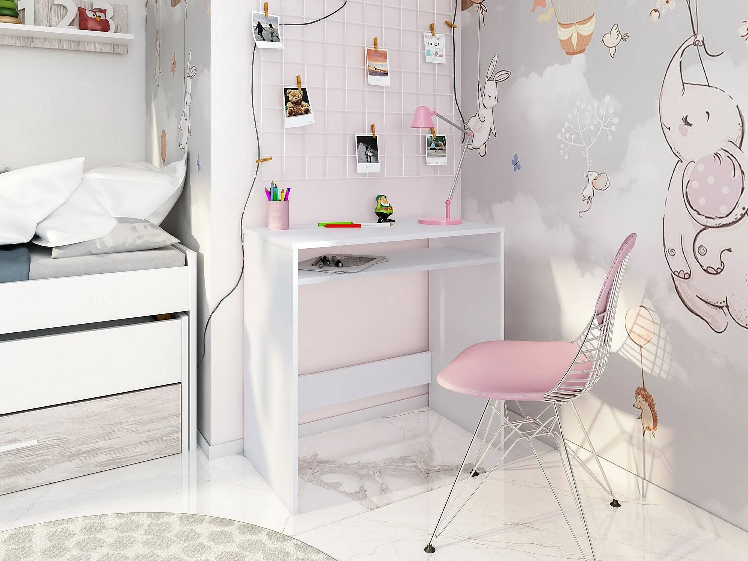 Bureau Dmachi, Bureau linéaire avec étagère fixe, Table d'étude ou de bureau pour PC, 79x43h78 cm, Blanc