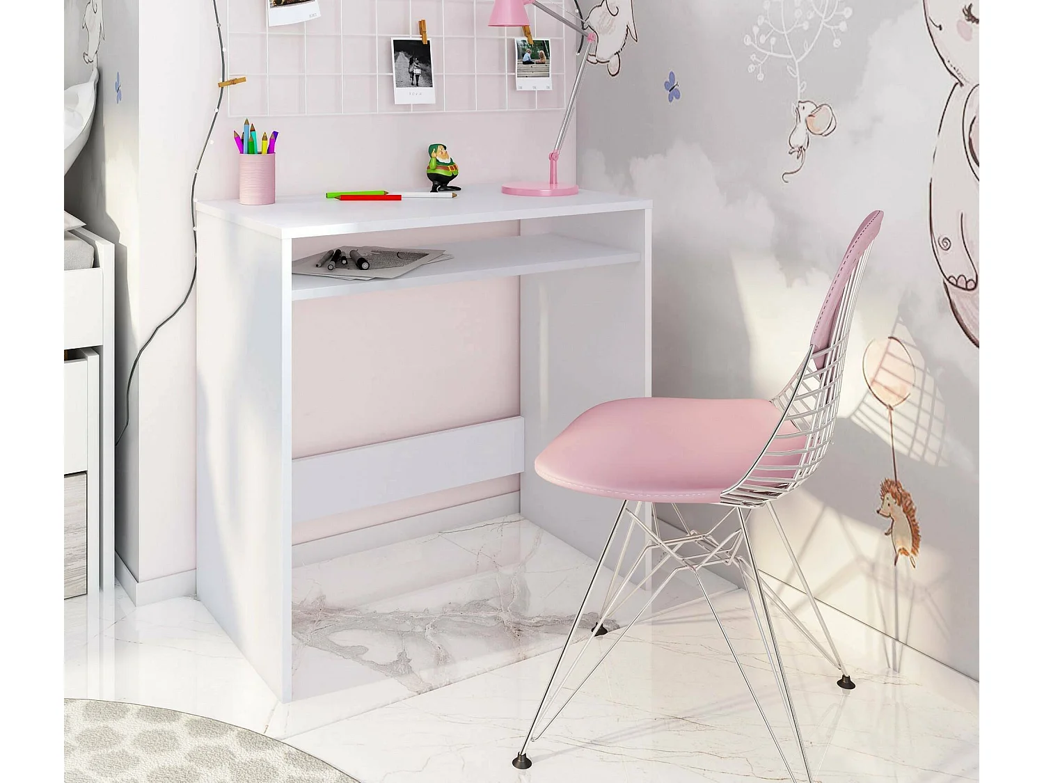 Escritorio Dmachi, Escritorio lineal con balda fija, Mesa de estudio u oficina para PC, 79x43h78 cm, Blanco