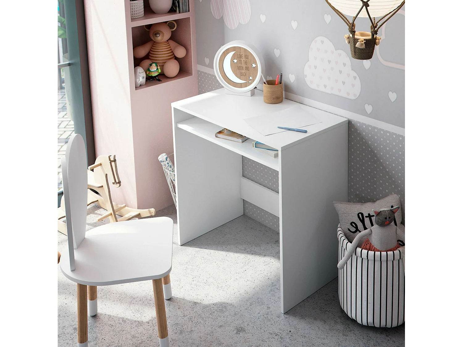 Bureau Dmachi, Bureau linéaire avec étagère fixe, Table d'étude ou de bureau pour PC, 79x43h78 cm, Blanc