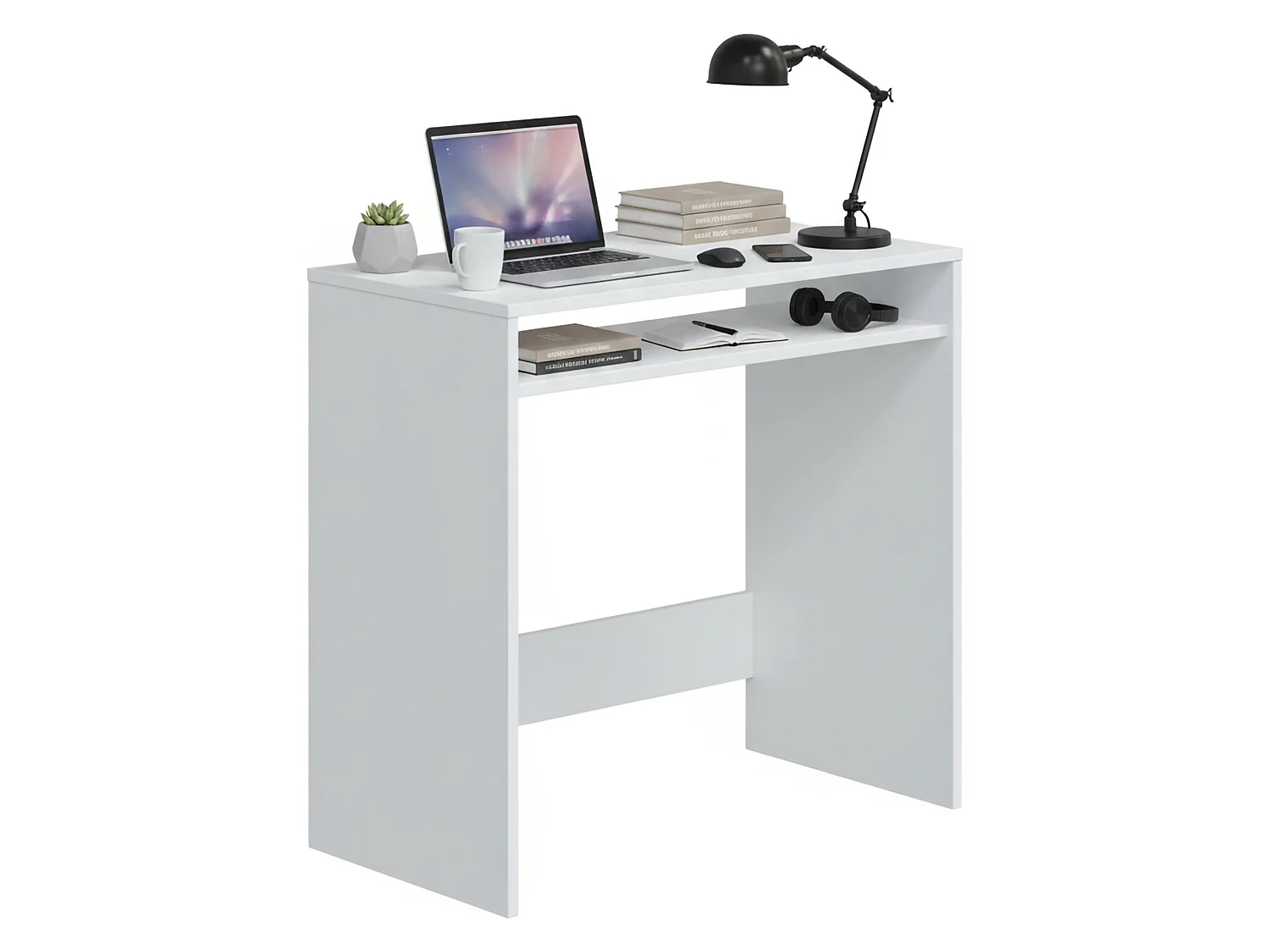 Bureau Dmachi, Bureau linéaire avec étagère fixe, Table d'étude ou de bureau pour PC, 79x43h78 cm, Blanc