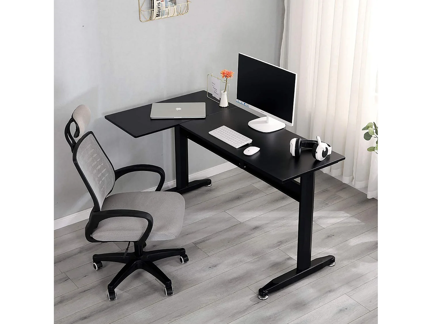 Bureau Rute, Bureau d'angle, Bureau polyvalent, Bureau fixe peu encombrant, 80x140h75 cm, Noir