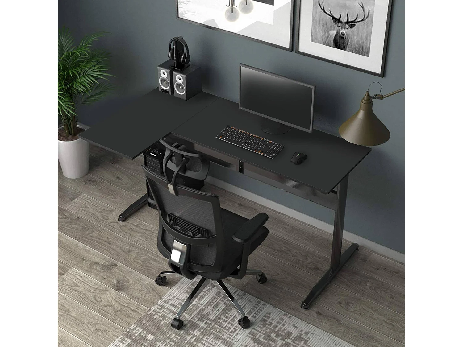 Dmora Bureau Rute 140x80x75h cm Zwart Hoekig Metaalstructuur, Tafelblad van Gefineerd Hout