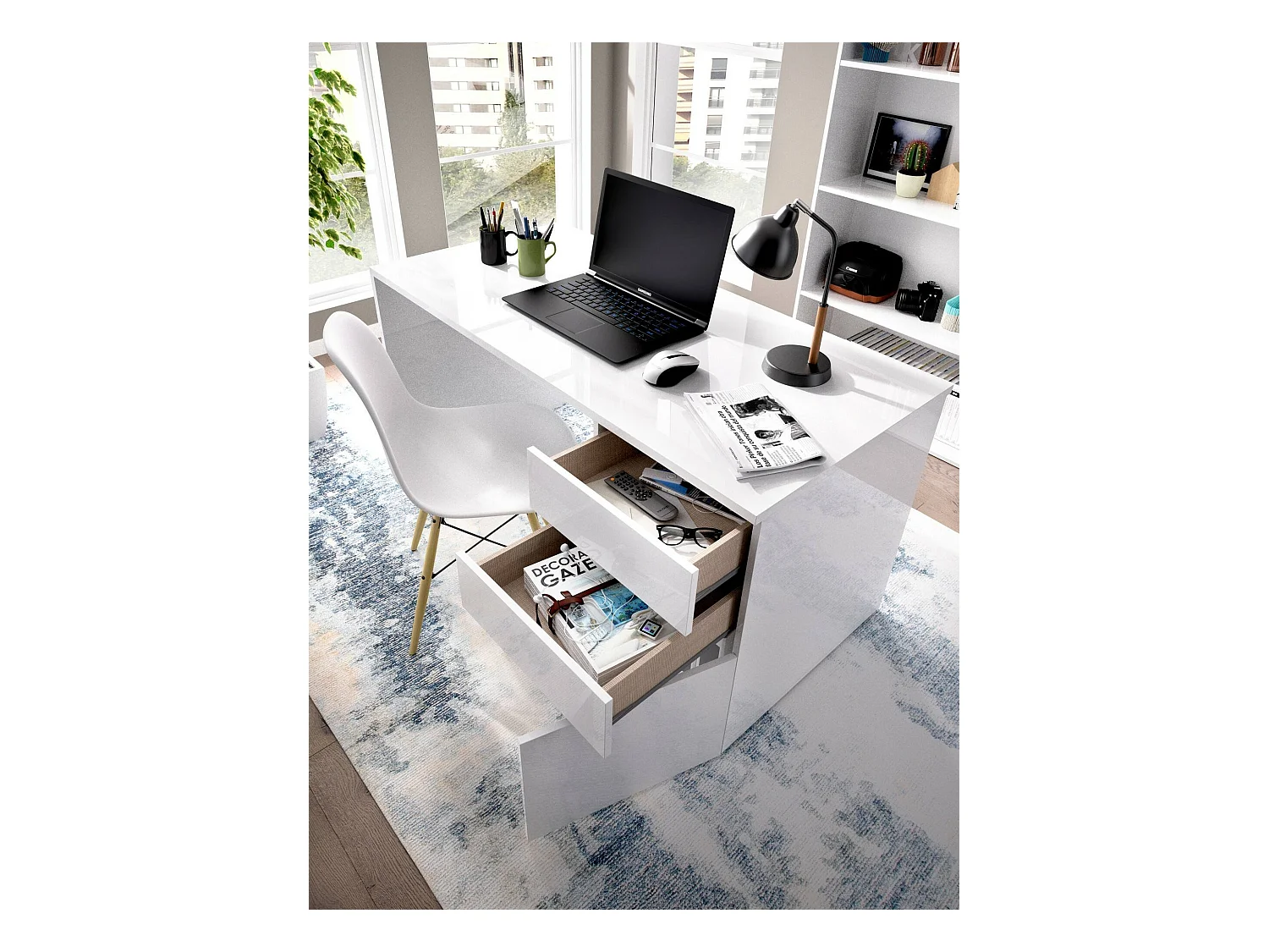 Bureau Lagoni, Bureau polyvalent pour le bureau ou la chambre, Table d'étude linéaire avec 2 tiroirs et 1 porte, 139x60h75 cm, Blanc