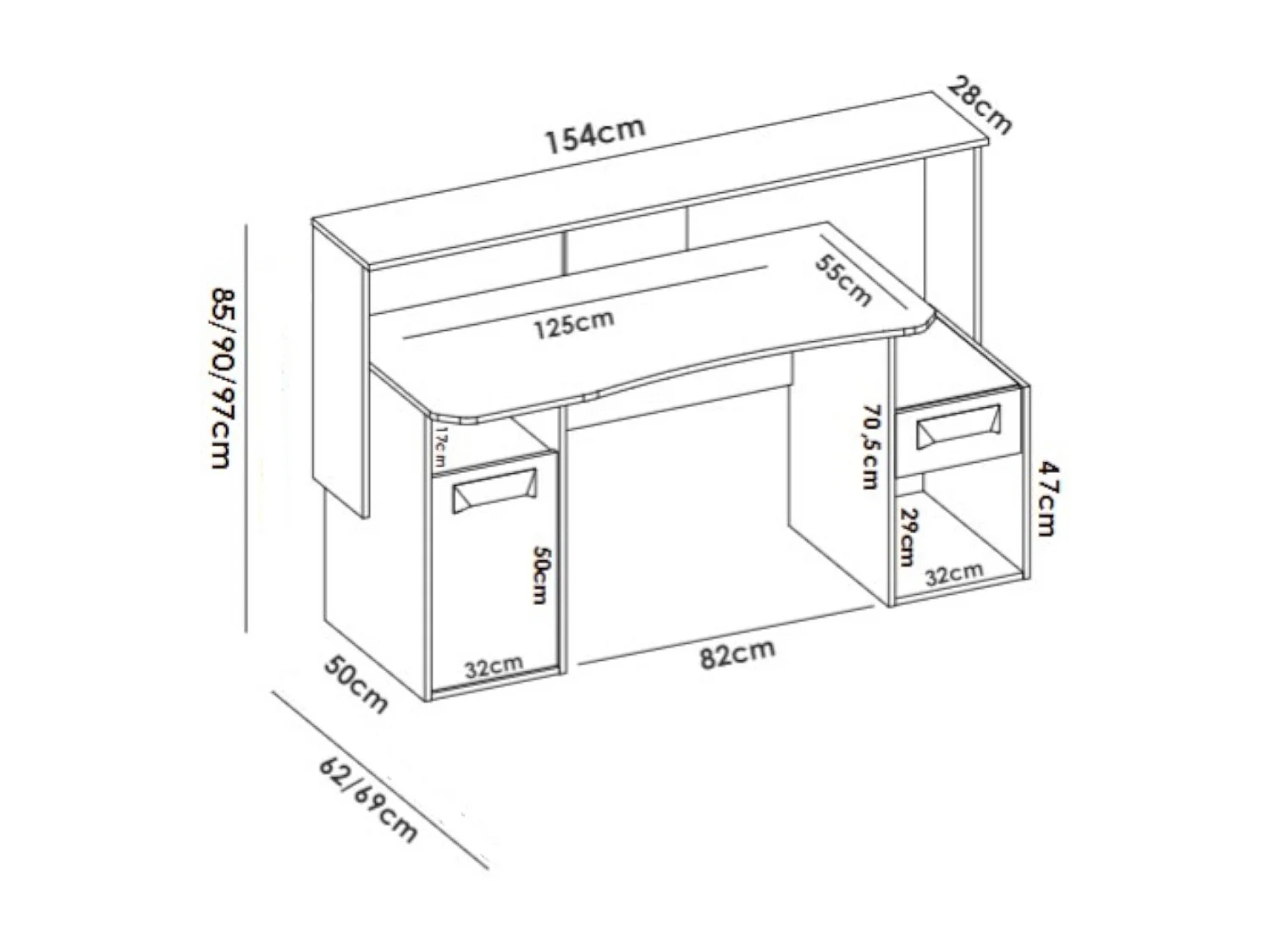 Escritorio Manos, Moderno escritorio multifuncional para juegos, Mesa de estudio para PC y soporte para CD, 154x69h98 cm, Antracita, con luces LED
