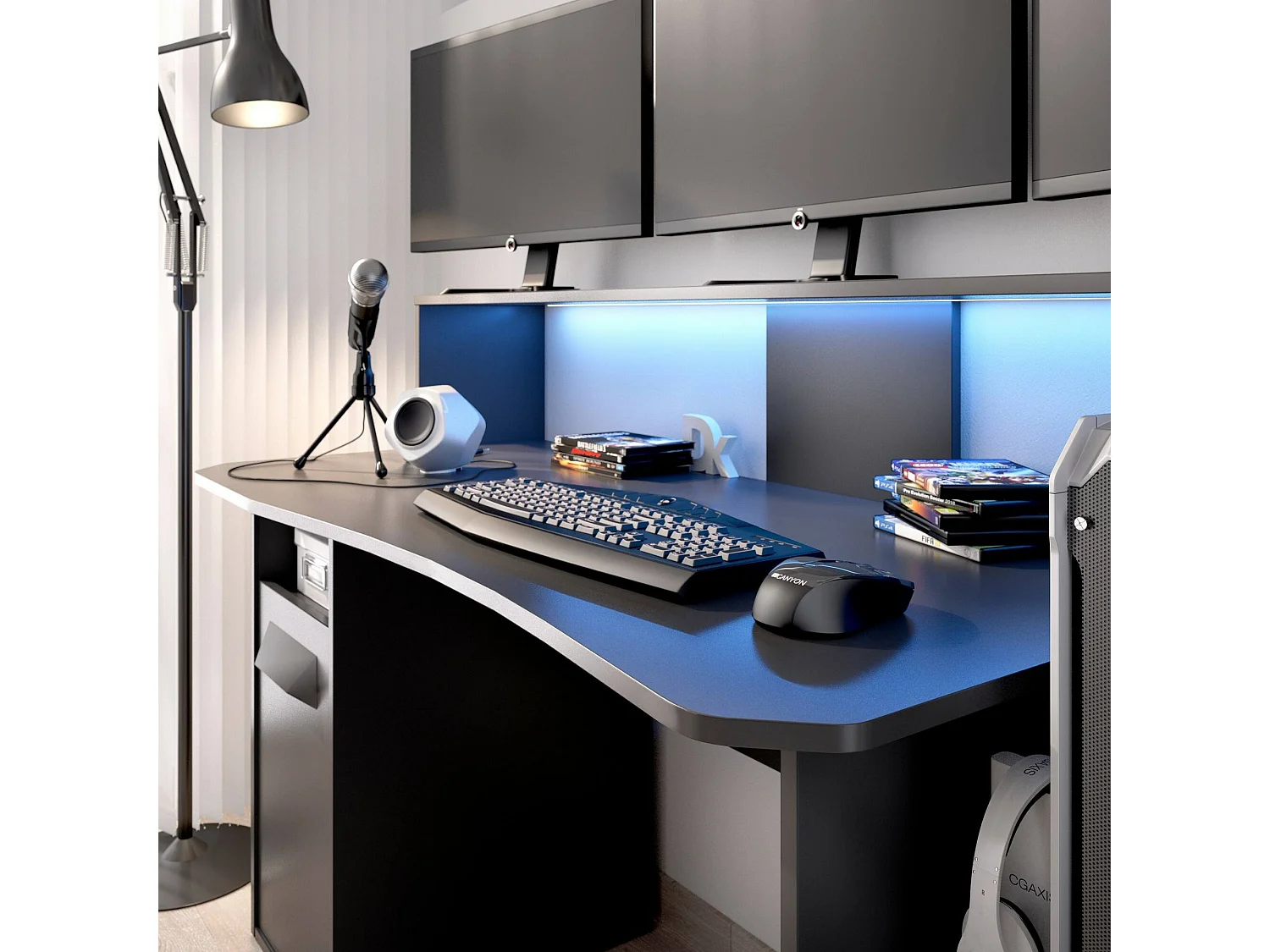 Escritorio Manos, Moderno escritorio multifuncional para juegos, Mesa de estudio para PC y soporte para CD, 154x69h98 cm, Antracita, con luces LED