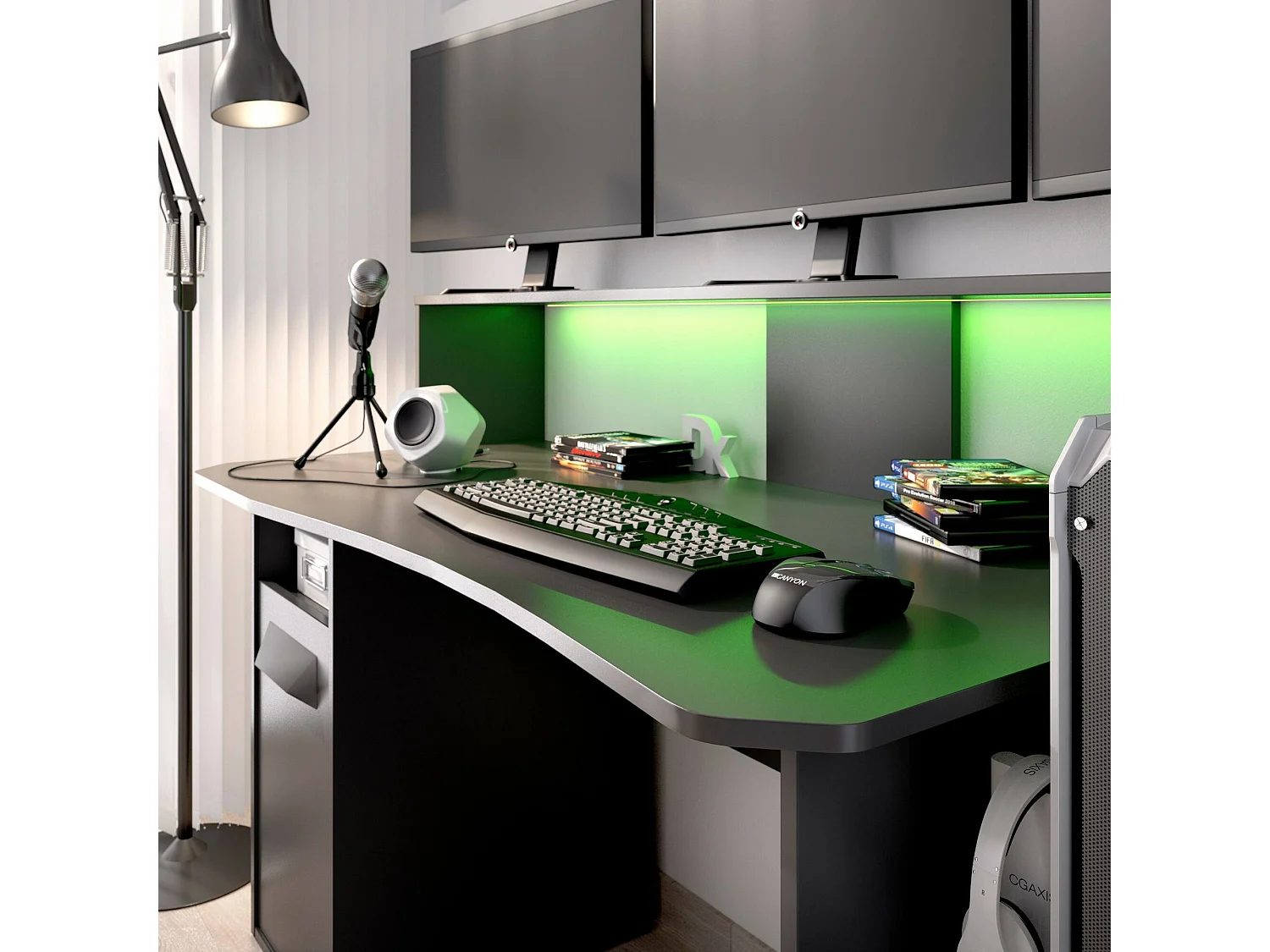 Escritorio Manos, Moderno escritorio multifuncional para juegos, Mesa de estudio para PC y soporte para CD, 154x69h98 cm, Antracita, con luces LED