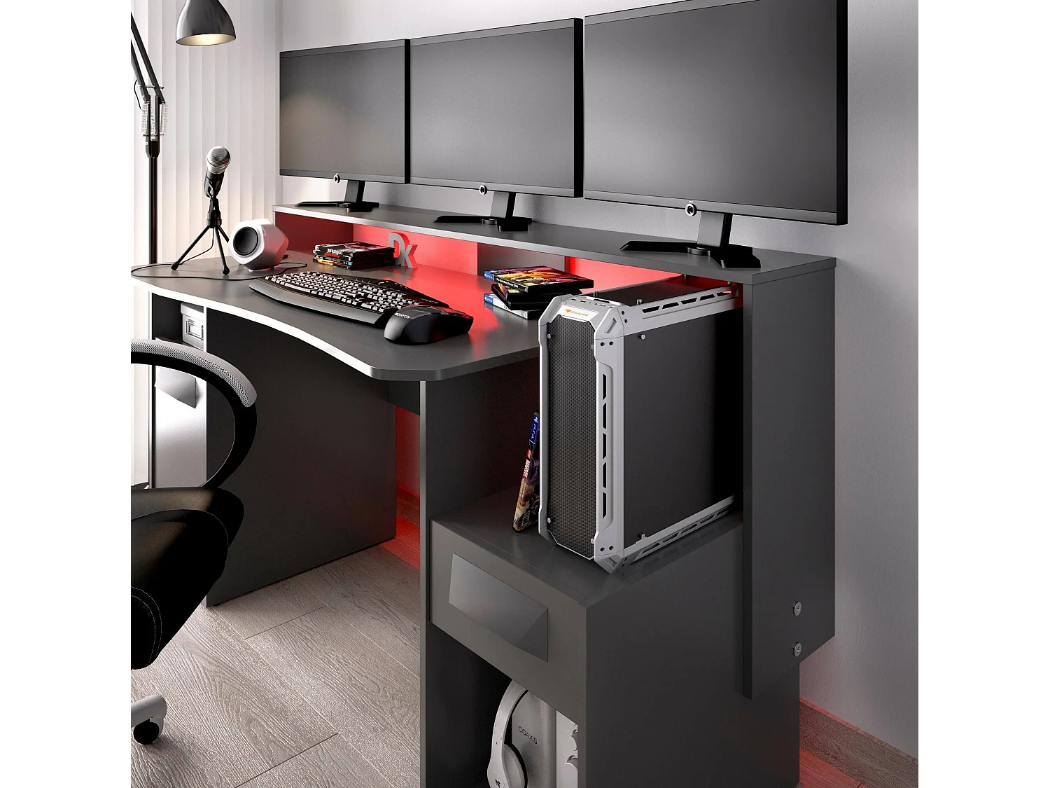 Escritorio Manos, Moderno escritorio multifuncional para juegos, Mesa de estudio para PC y soporte para CD, 154x69h98 cm, Antracita, con luces LED