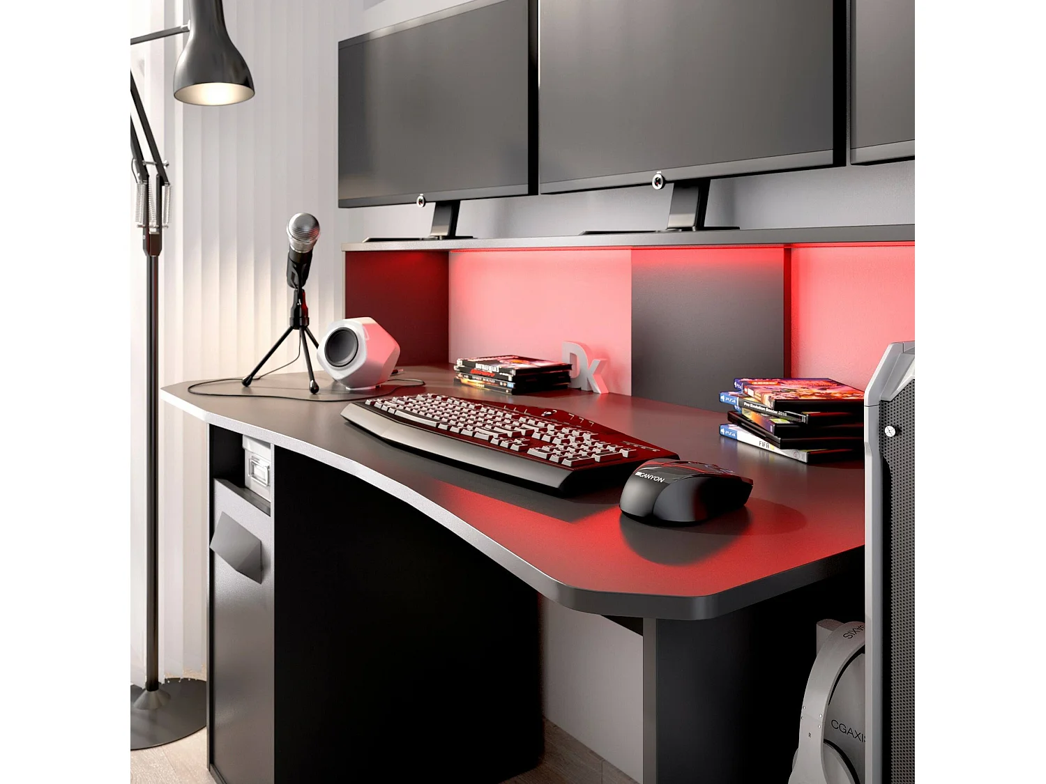 Escritorio Manos, Moderno escritorio multifuncional para juegos, Mesa de estudio para PC y soporte para CD, 154x69h98 cm, Antracita, con luces LED
