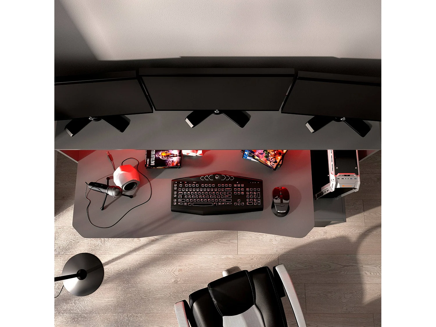 Escritorio Manos, Moderno escritorio multifuncional para juegos, Mesa de estudio para PC y soporte para CD, 154x69h98 cm, Antracita, con luces LED