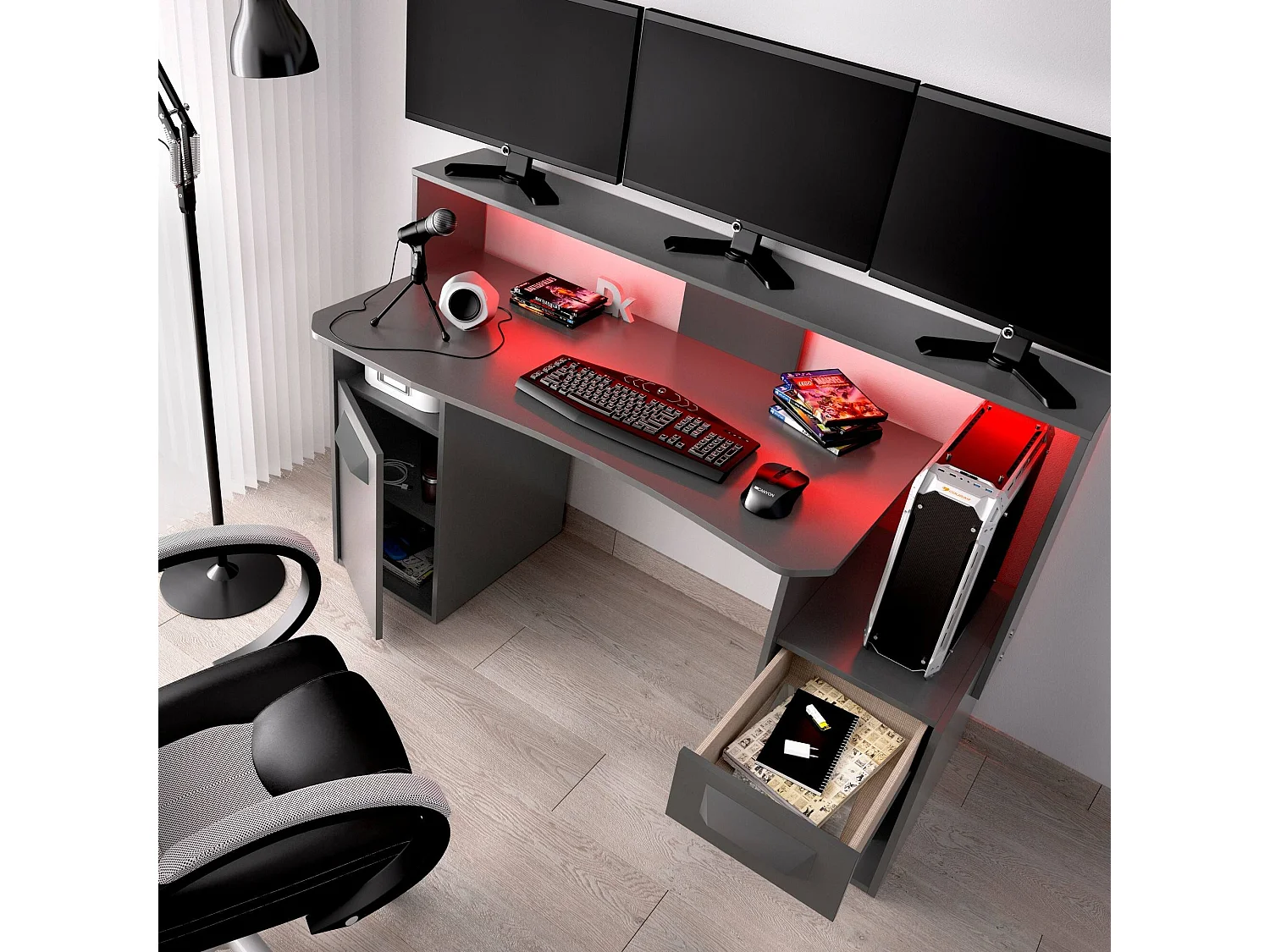 Escritorio Manos, Moderno escritorio multifuncional para juegos, Mesa de estudio para PC y soporte para CD, 154x69h98 cm, Antracita, con luces LED