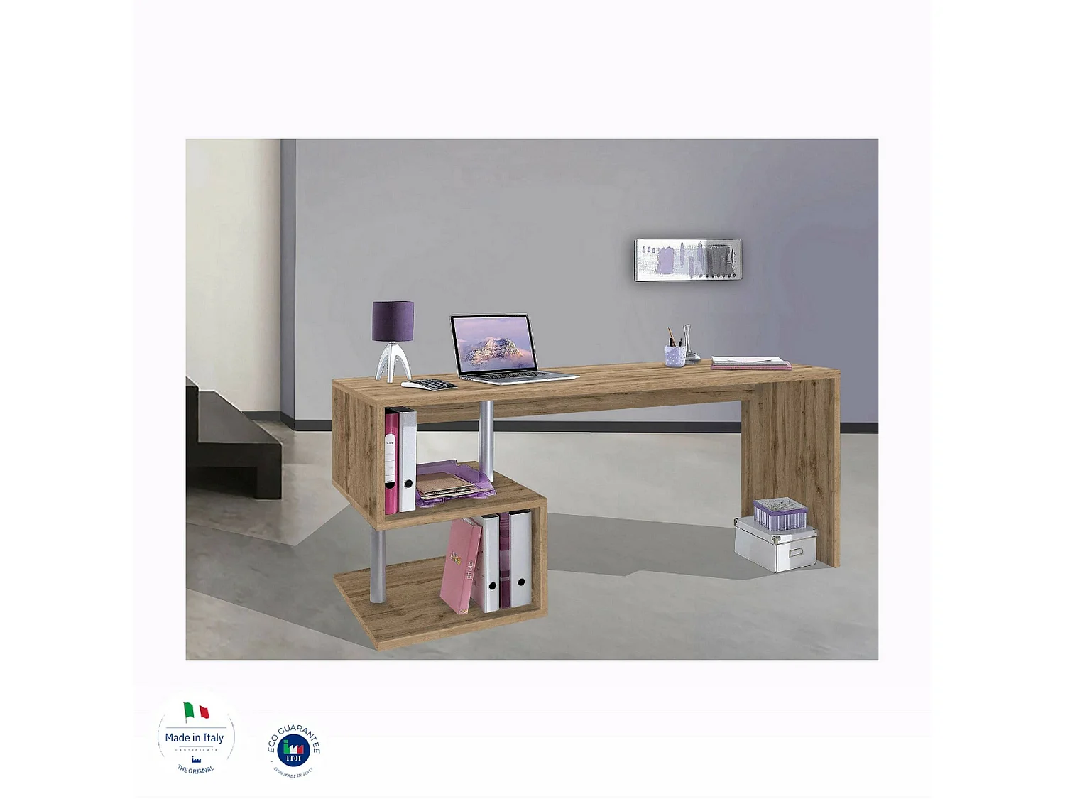 Samuel bureau, Lineair pc-bureau, Multifunctionele kantoortafel, Ruimtebesparend bureau met meerdere posities, 100% gemaakt in Italië, 180x60h78 cm, Eiken