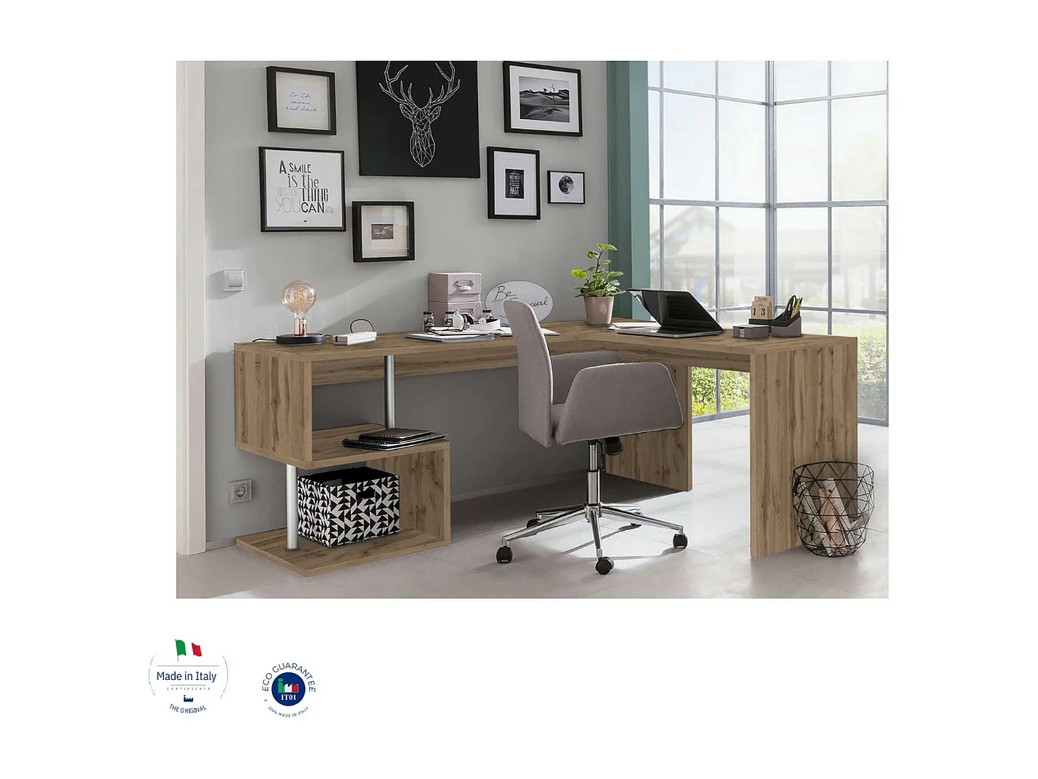 Sasha bureau, PC-hoekbureau, multifunctionele kantoortafel, ruimtebesparend bureau met meerdere posities, 100% gemaakt in Italië, 160x60h78 cm, eiken