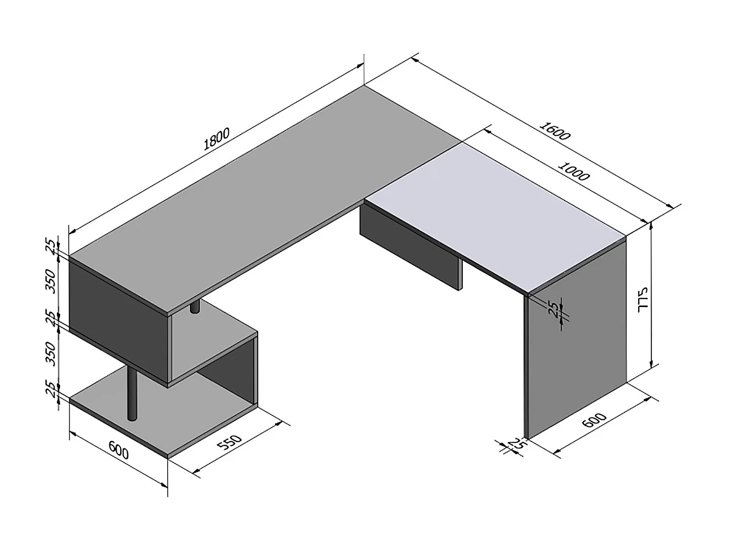 Dmora Bureau Sasha 60x160x78 cm Bruin Eiken, Modulaire Hoekmodel, 2 Planken, Made in Italy