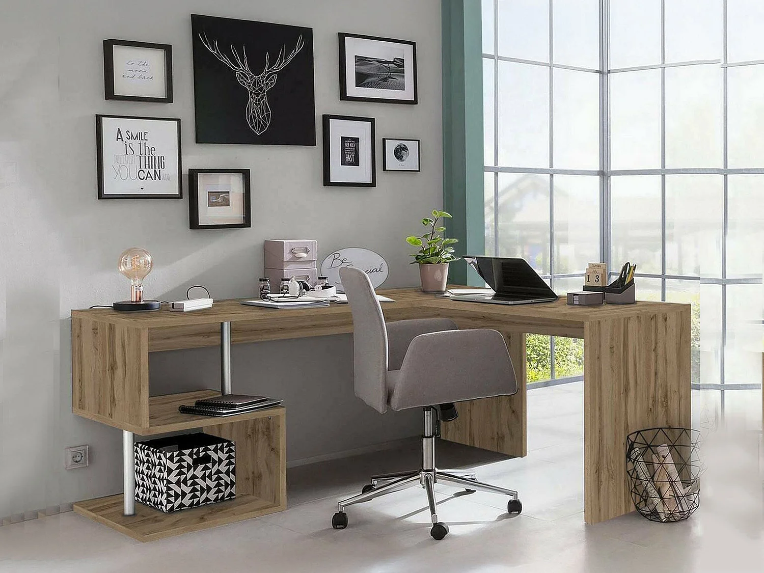 Dmora Bureau Sasha 60x160x78 cm Bruin Eiken, Modulaire Hoekmodel, 2 Planken, Made in Italy
