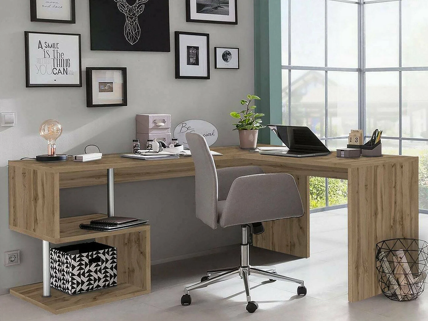 Dmora Bureau Sasha 60x160x78 cm Bruin Eiken, Modulaire Hoekmodel, 2 Planken, Made in Italy