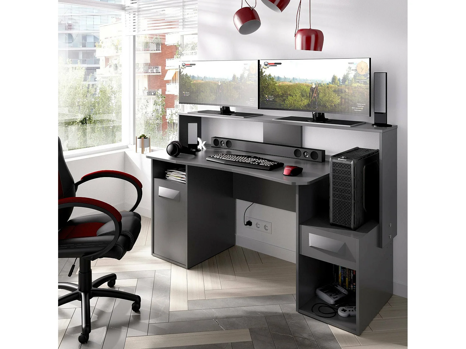 Manos bureau, modern multifunctioneel gamebureau, studeertafel voor pc en cd-houder, 154x69h98 cm, antraciet, zonder LED-verlichting