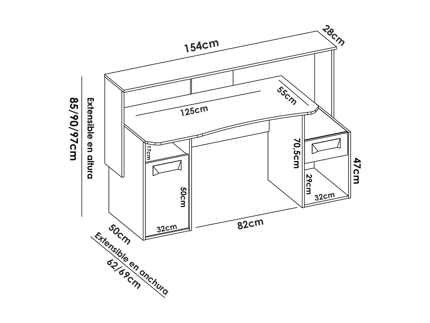 Bureau Manos, bureau de jeu multifonction moderne, table d'étude pour PC et support CD, 154x69h98 cm, Anthracite, sans lumières LED