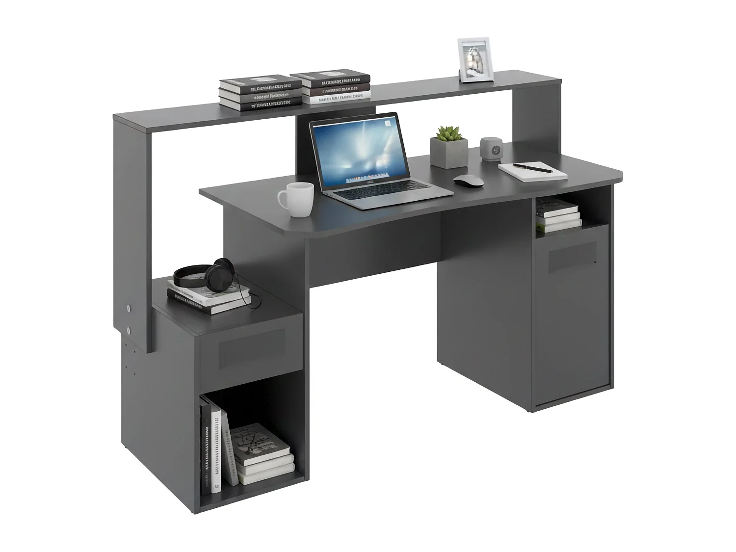 Bureau Manos, bureau de jeu multifonction moderne, table d'étude pour PC et support CD, 154x69h98 cm, Anthracite, sans lumières LED