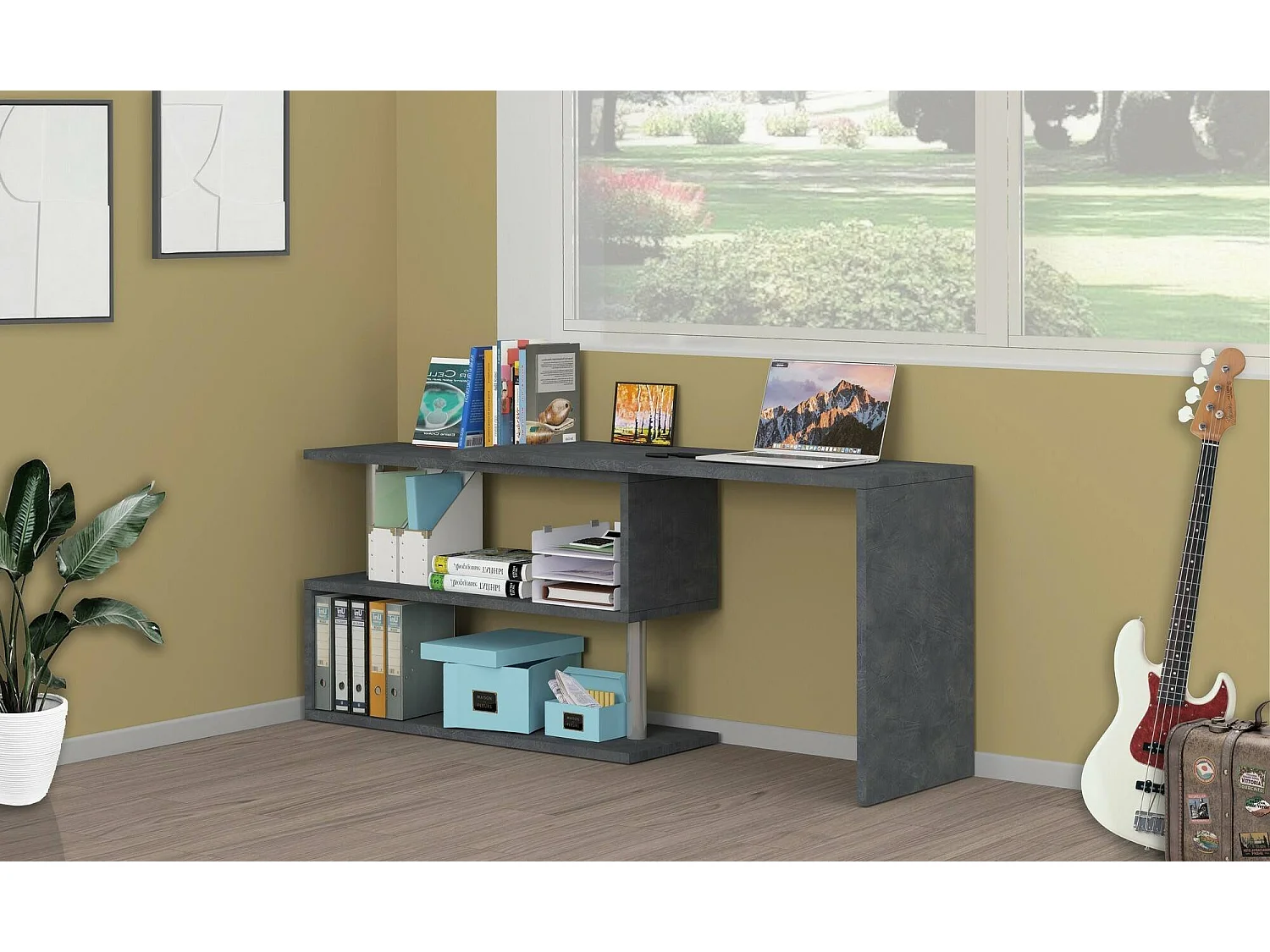 Bureau Candido, Bureau PC d'angle, Table de bureau polyvalente, Bureau gain de place multi-positions, 100% Made in Italy, 120x50h75 cm, Anthracite