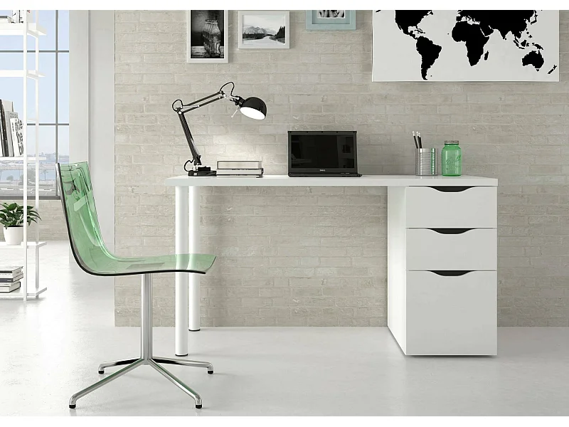 Bureau Philadelphia, Bureau réversible multifonctionnel, Table d'étude avec commode avec 2 tiroirs et 1 porte, 138x60h74 cm, Blanc