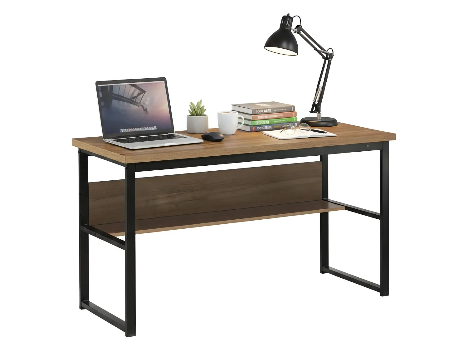 Dmora Bureau Villava 138,8x54,7x74h cm Zwart met Plank Bruin, Blad van Gefineerd Hout